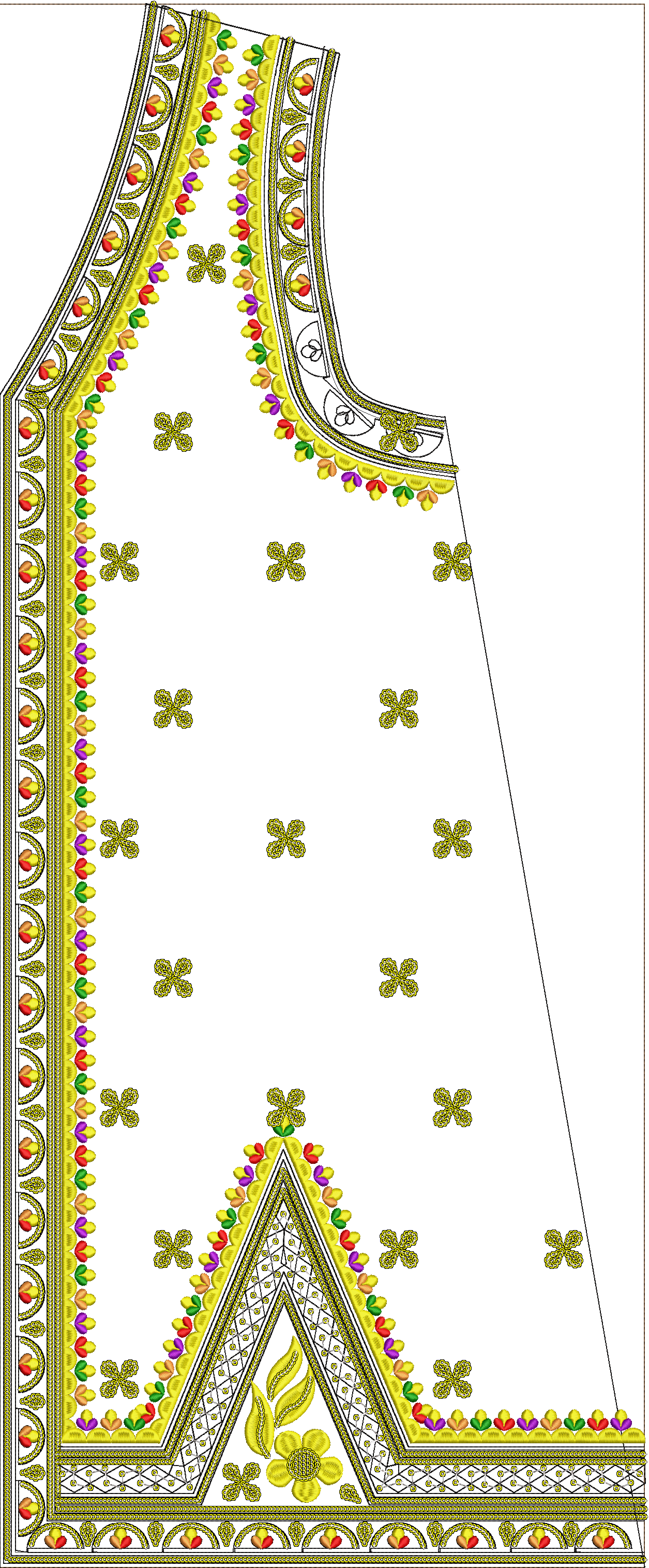 Embroidery design: A white garment with intricate golden yellow embroidery featuring decorative borders along the sides and hem, a triangul