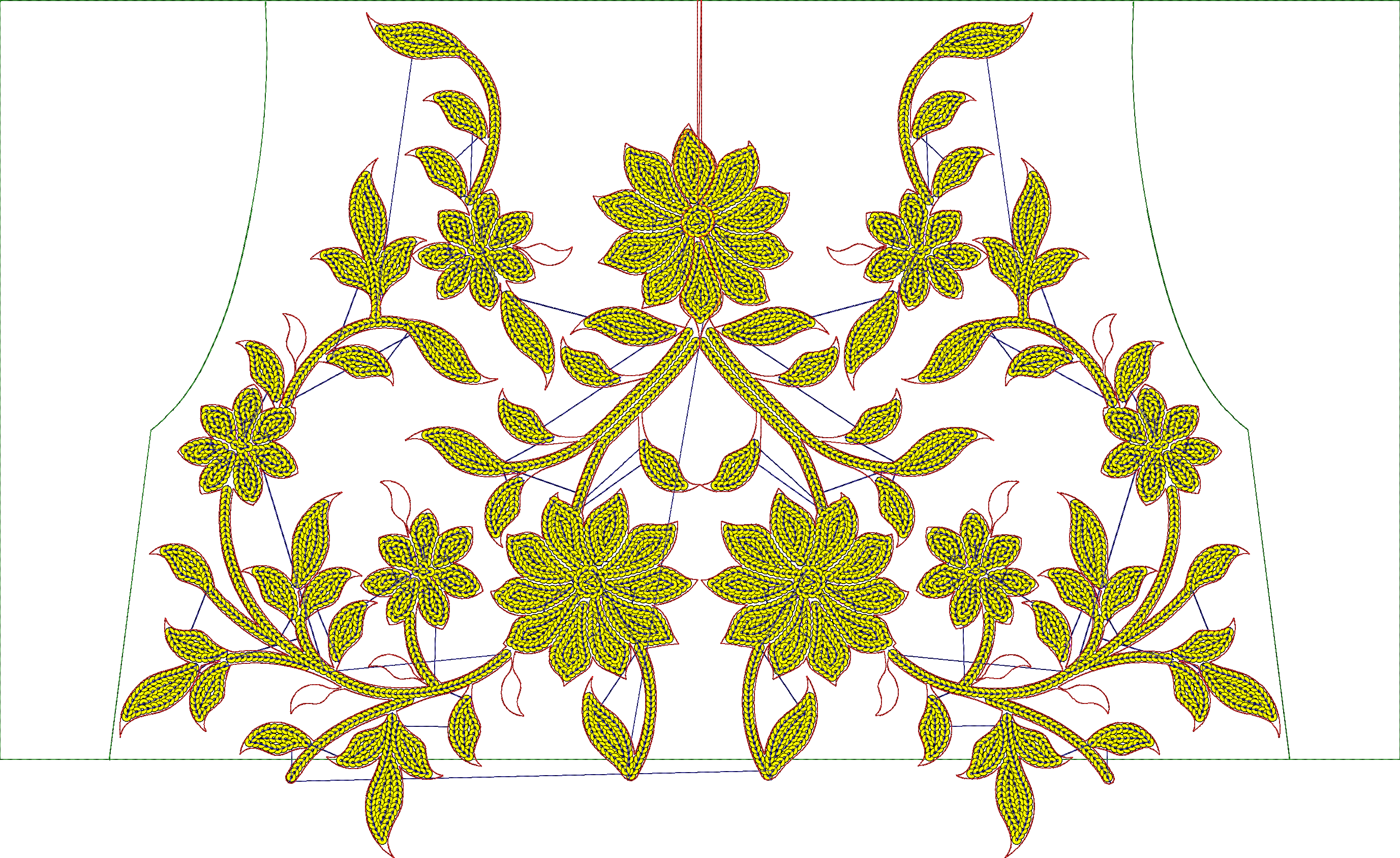 Embroidery design: A symmetrical embroidery design featuring yellow stylized flowers and leaves connected by vines, with red and dark blue 