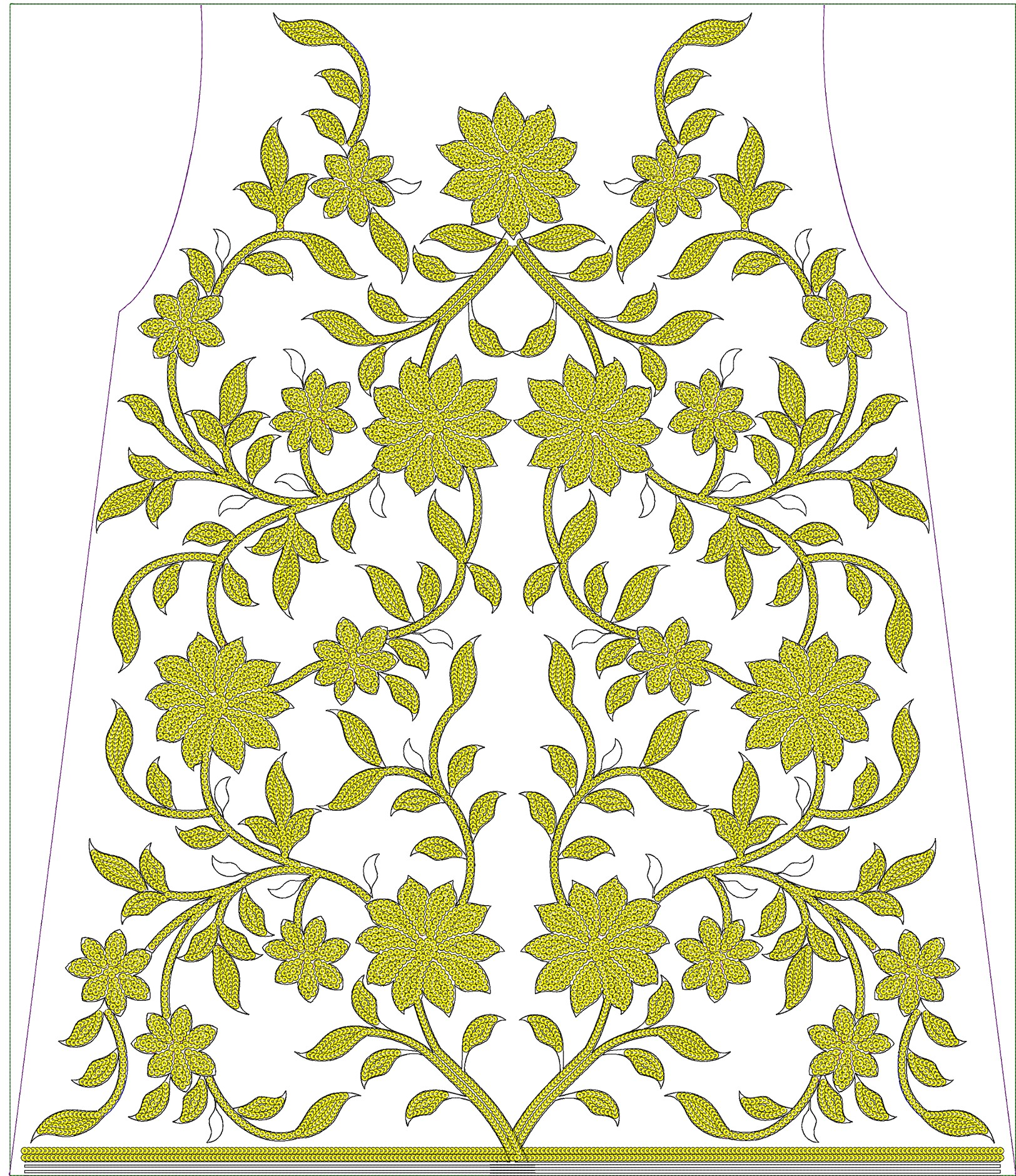 Embroidery design: An ornamental embroidery design featuring yellow flowers, leaves, and vines on a white background with a dense fill and 
