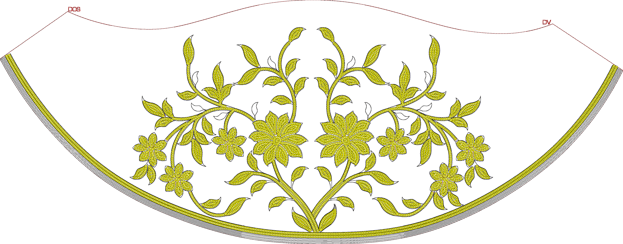 Embroidery design: A symmetrical embroidery design featuring yellow floral and vine motifs with decorative borders.