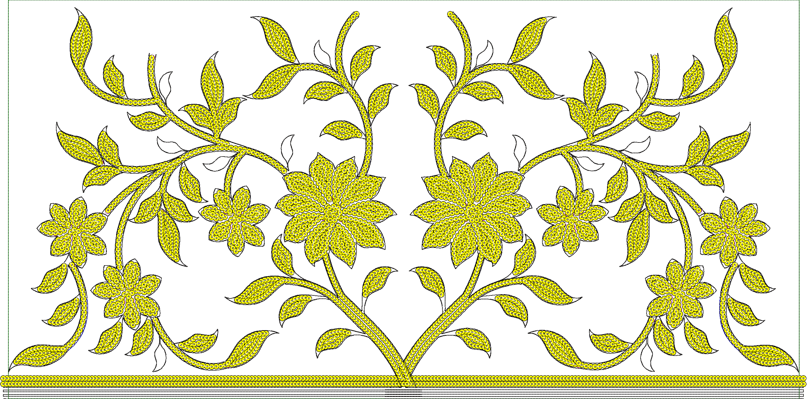 Embroidery design: A symmetrical embroidery design featuring yellow floral and vine motifs with a decorative border.