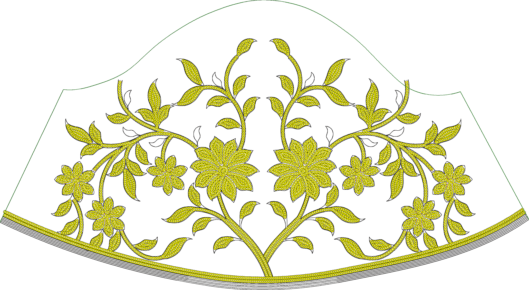 Embroidery design: A symmetrical floral embroidery design in yellow and green with a scalloped edge, featuring dense fill flowers and folia