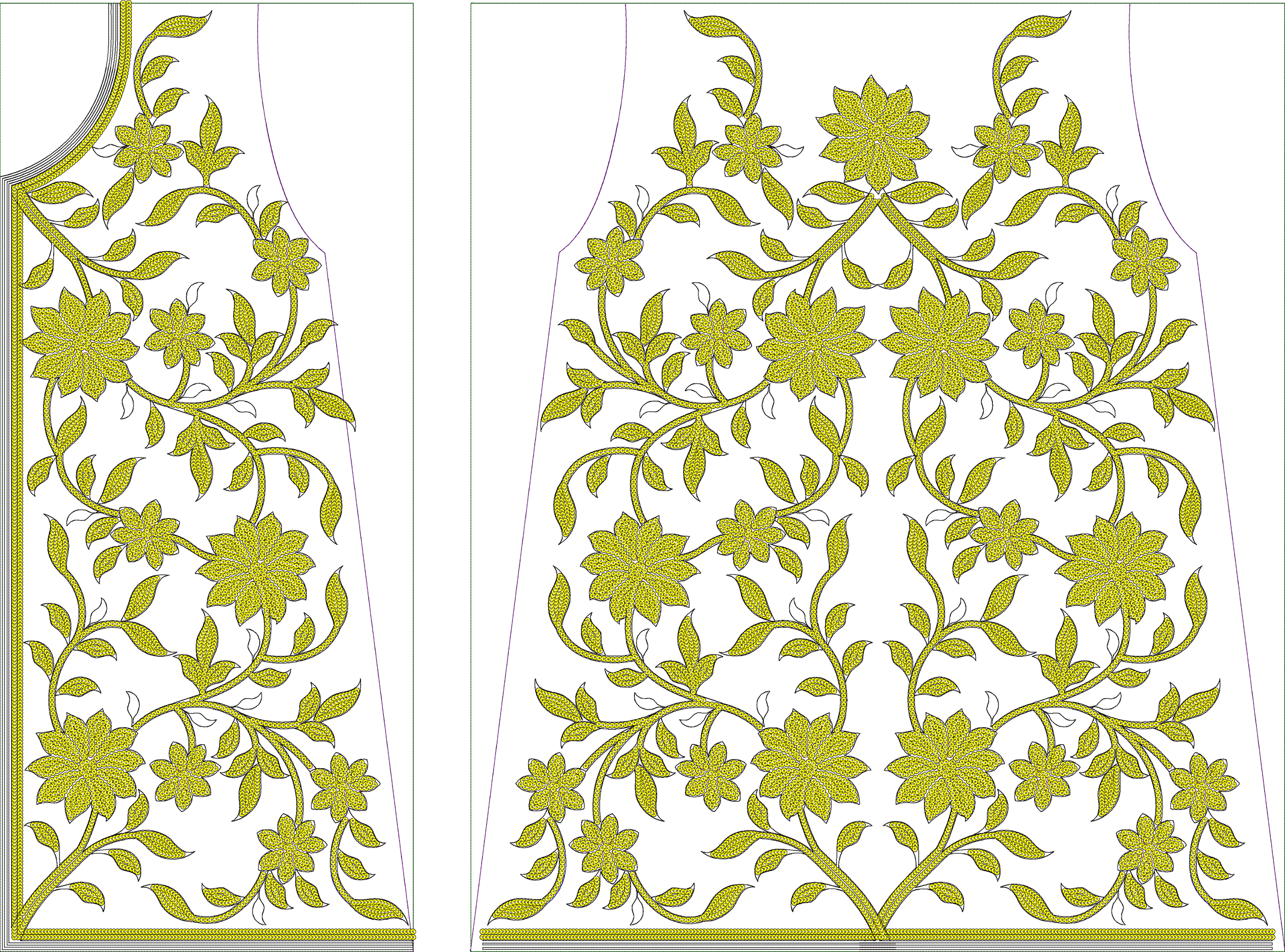 Embroidery design: A symmetrical embroidery design with a repeating pattern of yellow stylized flowers and leaves connected by vines, outli