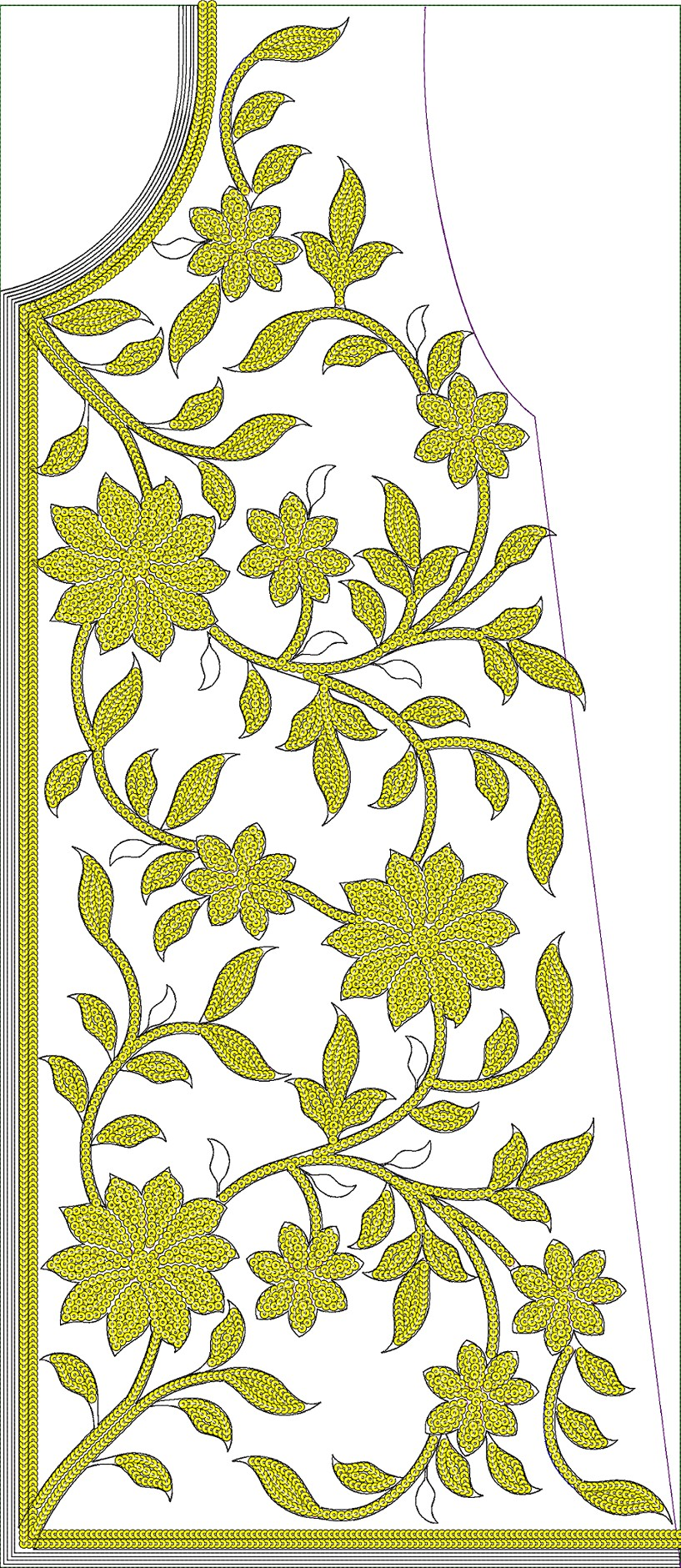 Embroidery design: An embroidery design featuring yellow flowers and leaves arranged in a scrolling vine pattern, with a decorative border 