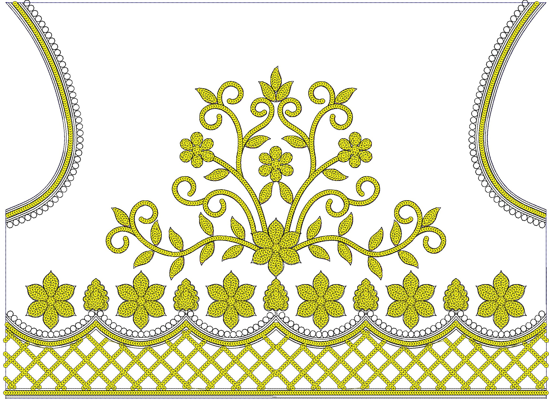Embroidery design: A symmetrical embroidery design with yellow floral motifs and scrollwork, bordered by decorative elements on a white bac