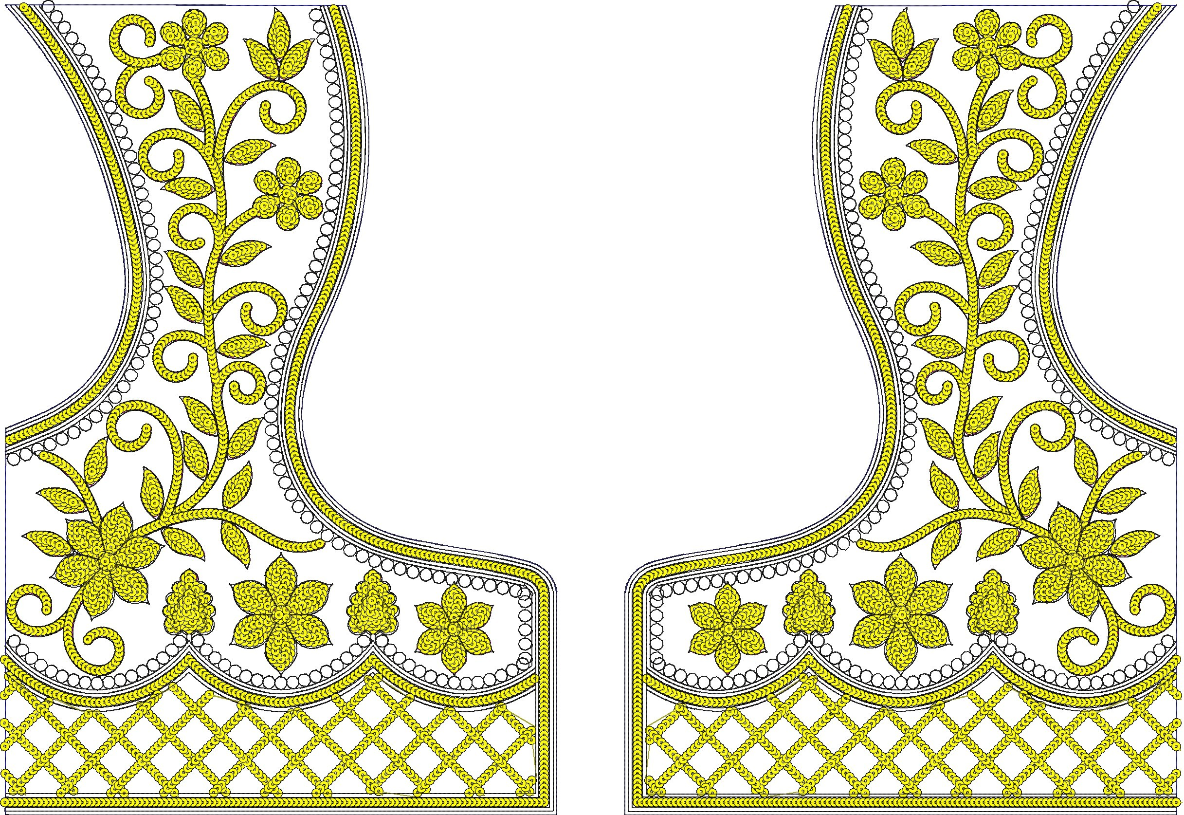 Embroidery design: A symmetrical embroidery design featuring yellow floral and vine motifs with a decorative border composed of chain and l