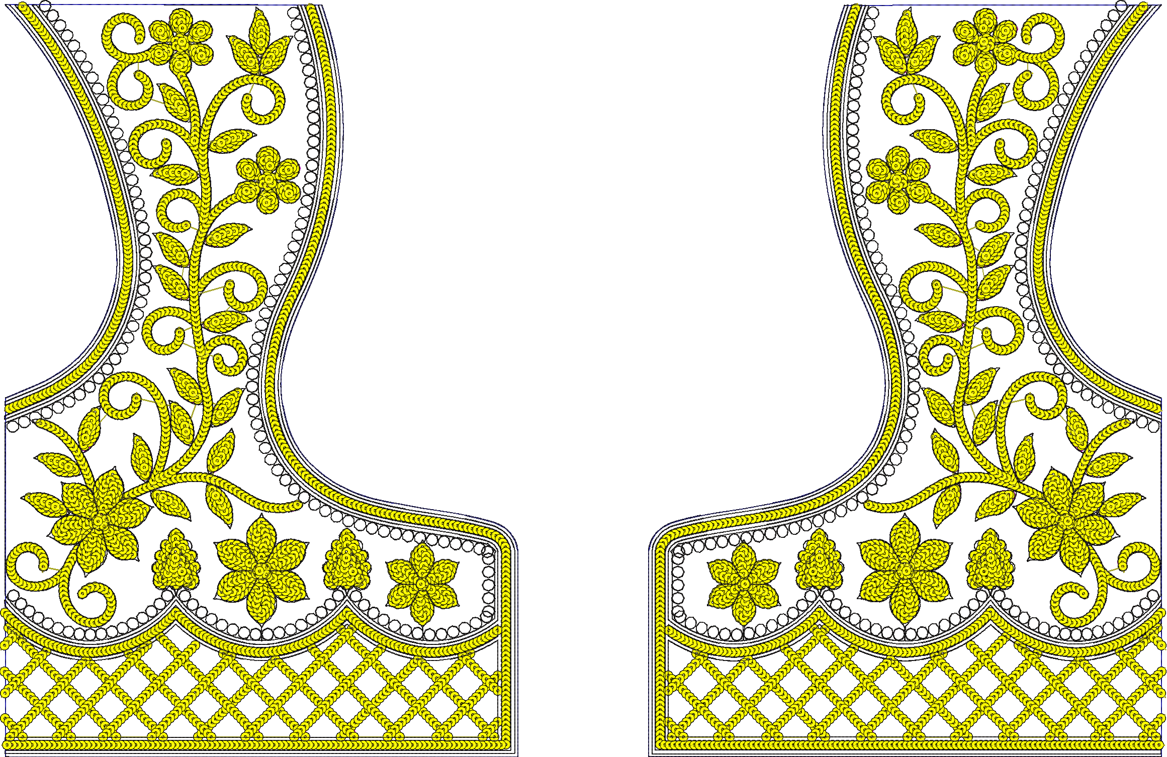 Embroidery design: A symmetrical embroidery design with yellow floral and vine motifs, featuring a lattice and chain border, suitable for a
