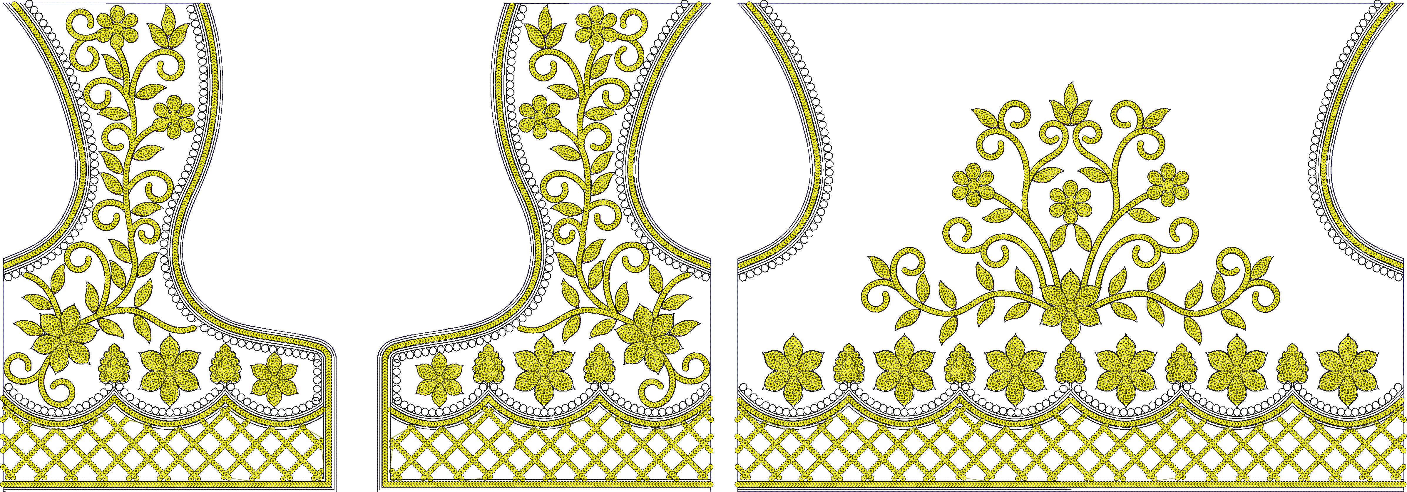 Embroidery design: A decorative embroidery design featuring yellow floral and vine motifs with a lattice border, suitable for a neckline or