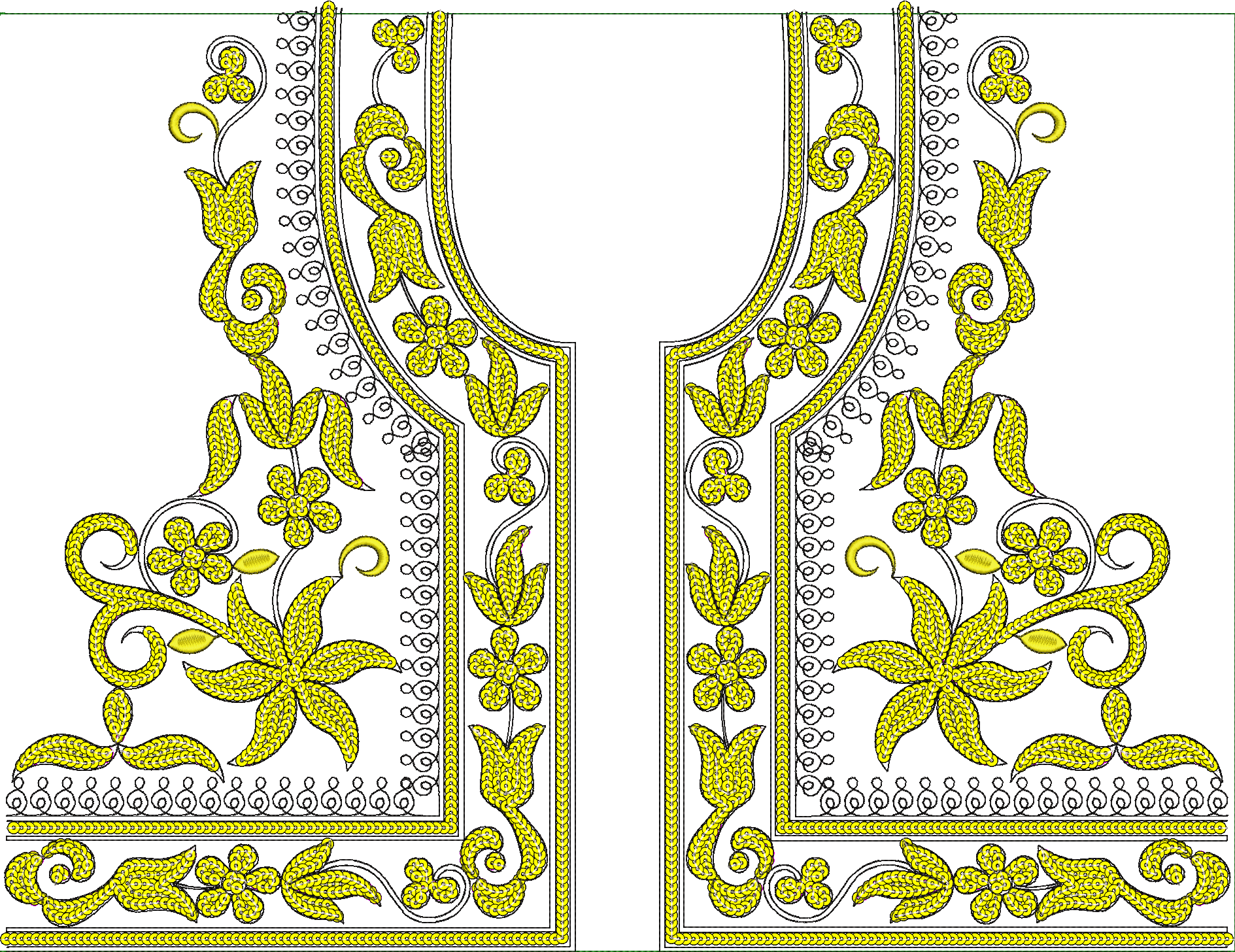 Embroidery design: A symmetrical embroidery design for a neckline or border, featuring yellow floral and scrollwork motifs against a black 