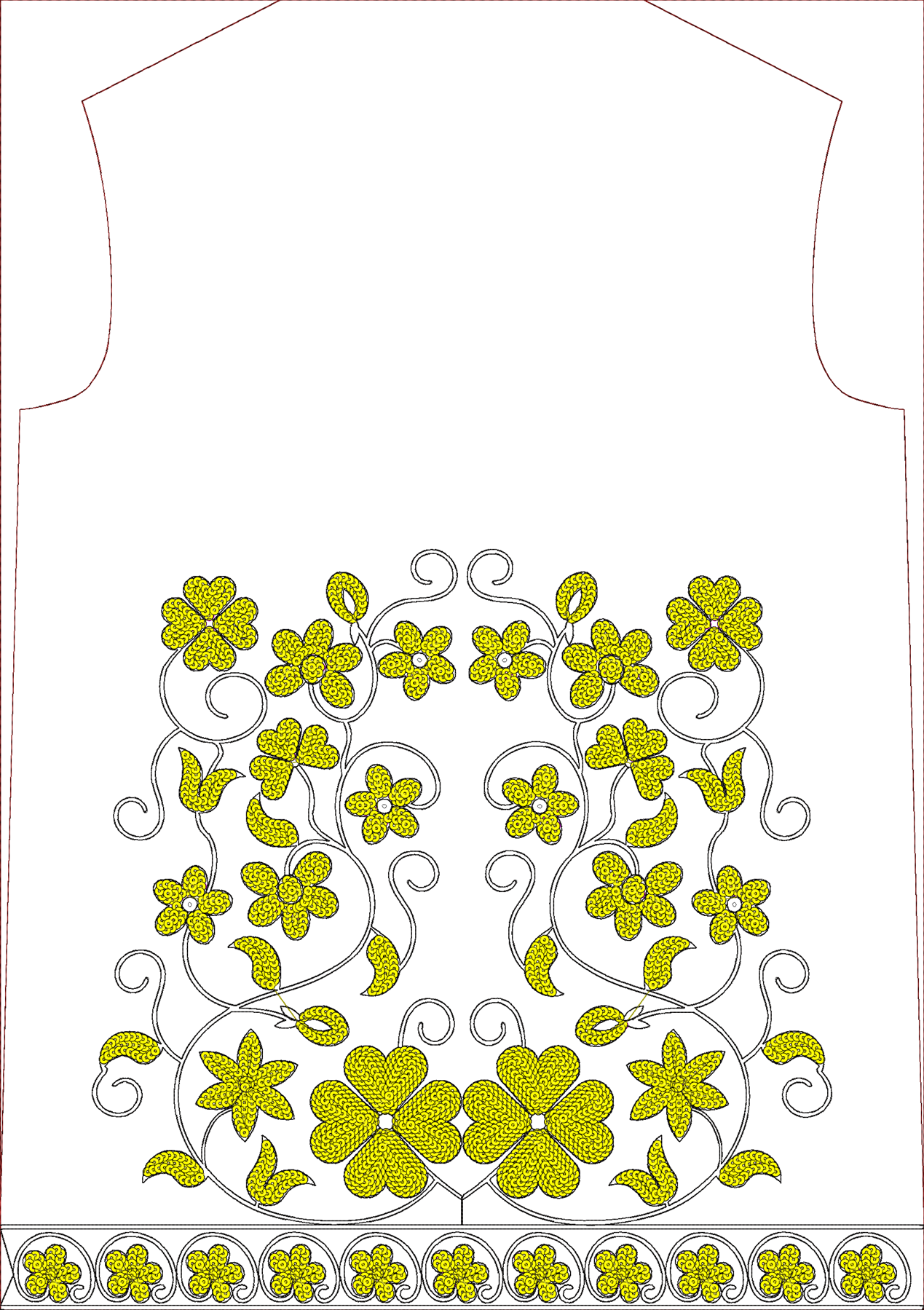 Embroidery design: A digital embroidery design for a garment featuring a symmetrical arrangement of yellow flowers, vines, and leaves with 