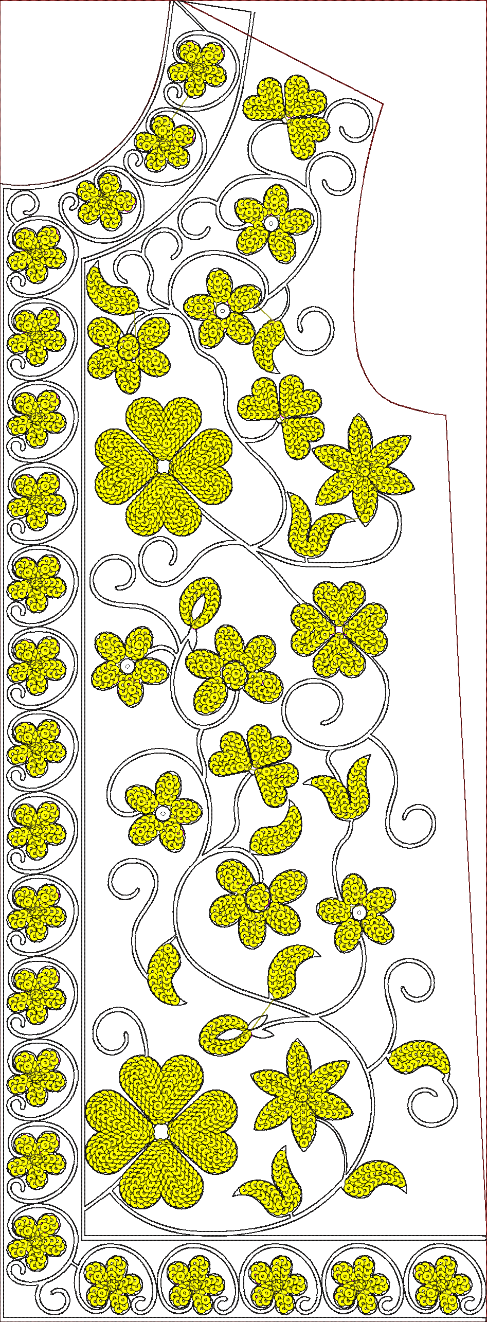 Embroidery design: An embroidery design featuring yellow floral motifs and scrollwork with a decorative border and a curved neckline.