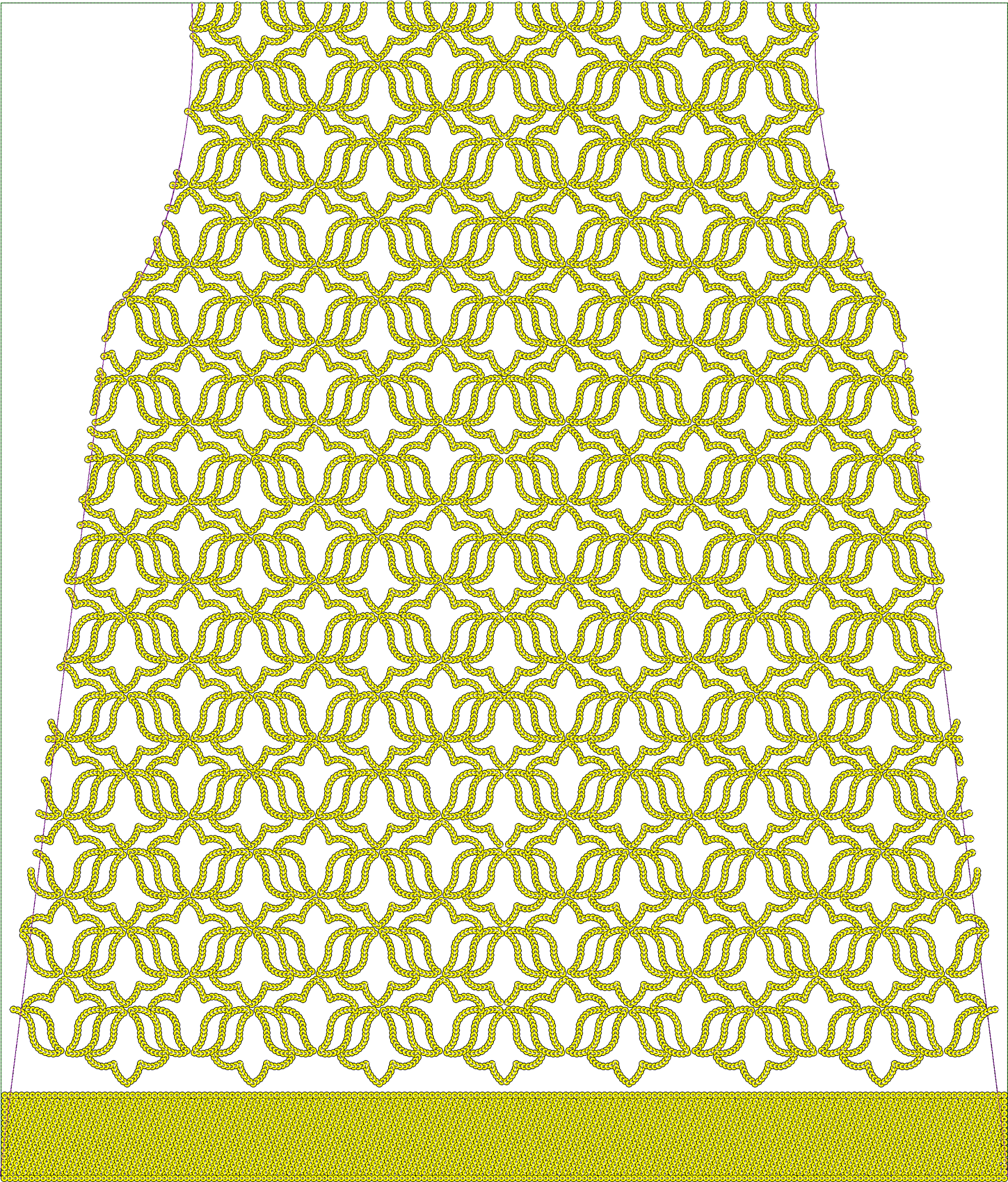 Embroidery design: A yellow, all-over embroidery design featuring a repeating, symmetrical pattern of stylized floral or leaf motifs, resem