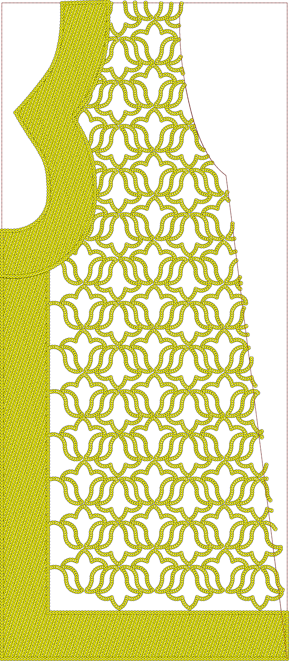 Embroidery design: A yellow embroidery design with a repeating, symmetrical, all-over pattern resembling scrollwork or stylized foliage, bo