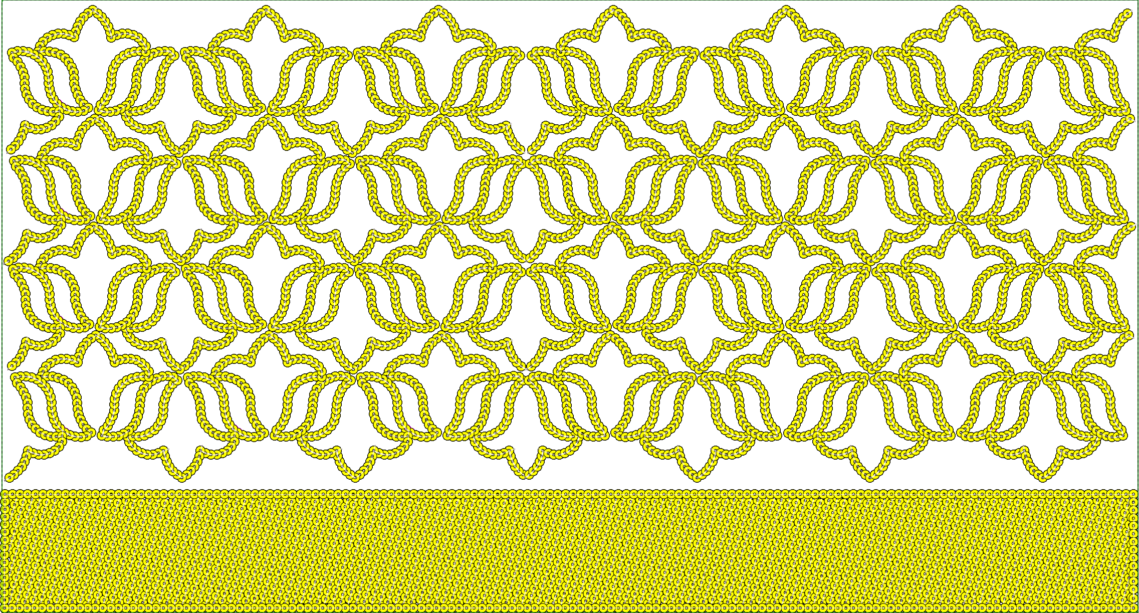Embroidery design: A symmetrical, repeating embroidery design with interconnected yellow loops forming an ornamental pattern, with a dense 