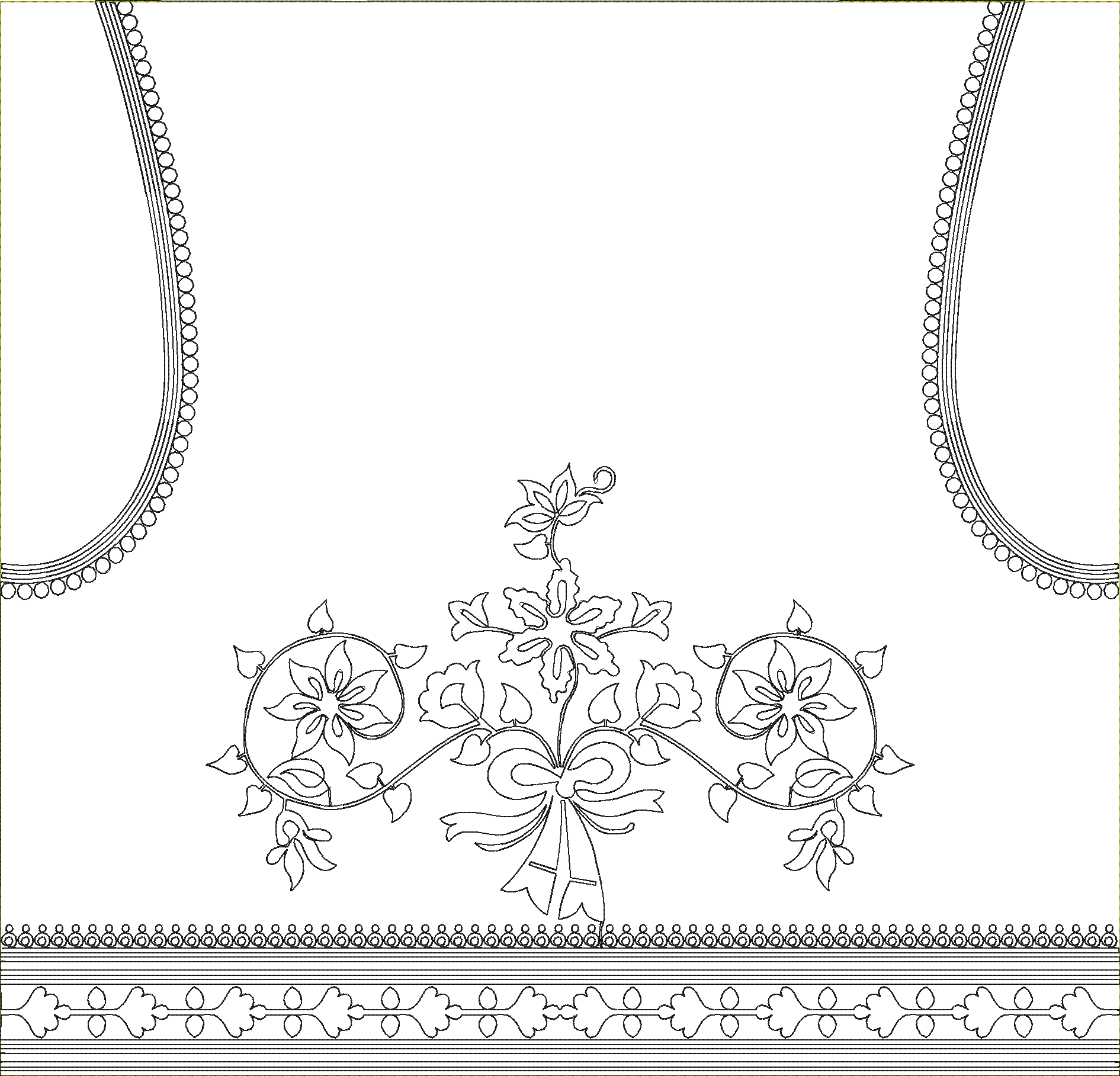 Embroidery design: A symmetrical embroidery design featuring floral and vine motifs with a decorative border.