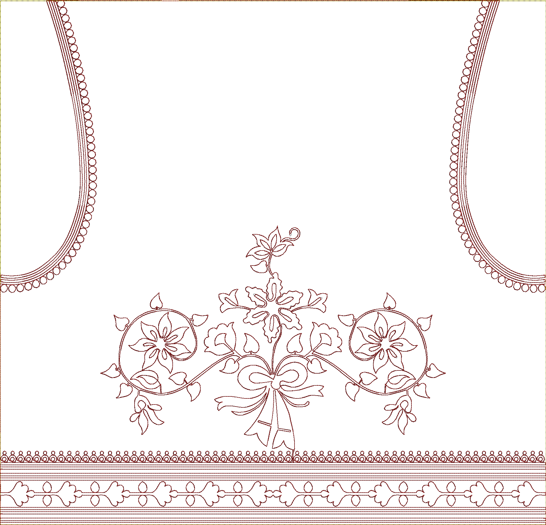 Embroidery design: A traditional embroidery design in maroon on a white background, featuring a central floral motif with a bow, decorative