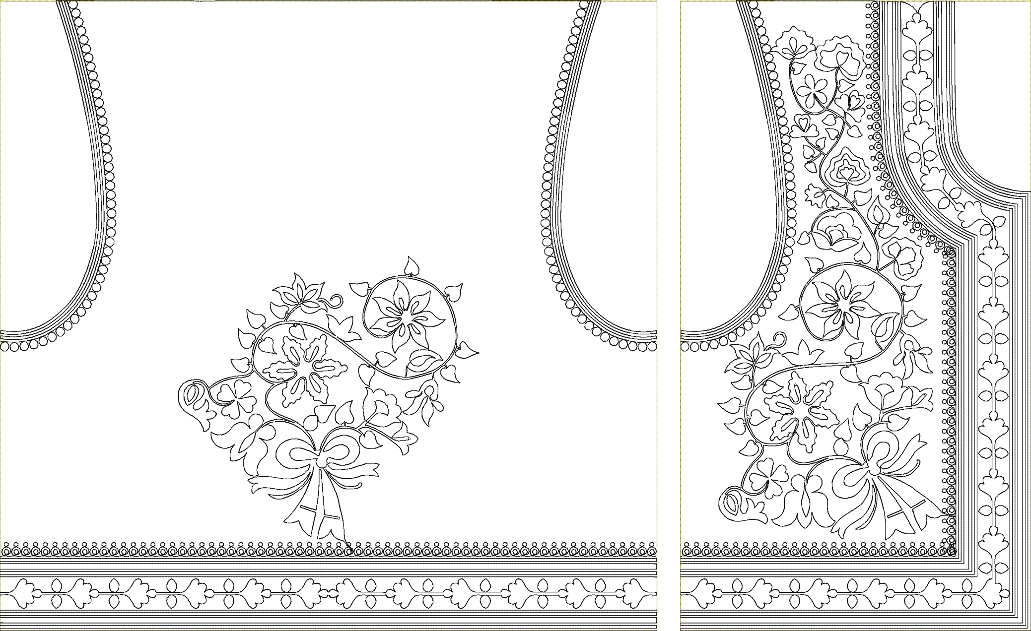 Embroidery design: An embroidery design featuring a floral and vine motif with a decorative border and a scalloped edge. The design is blac