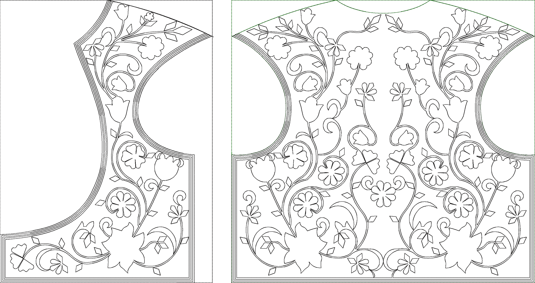 Embroidery design: A symmetrical embroidery design featuring intricate floral and vine motifs with tulip-like flowers and diamond-shaped le