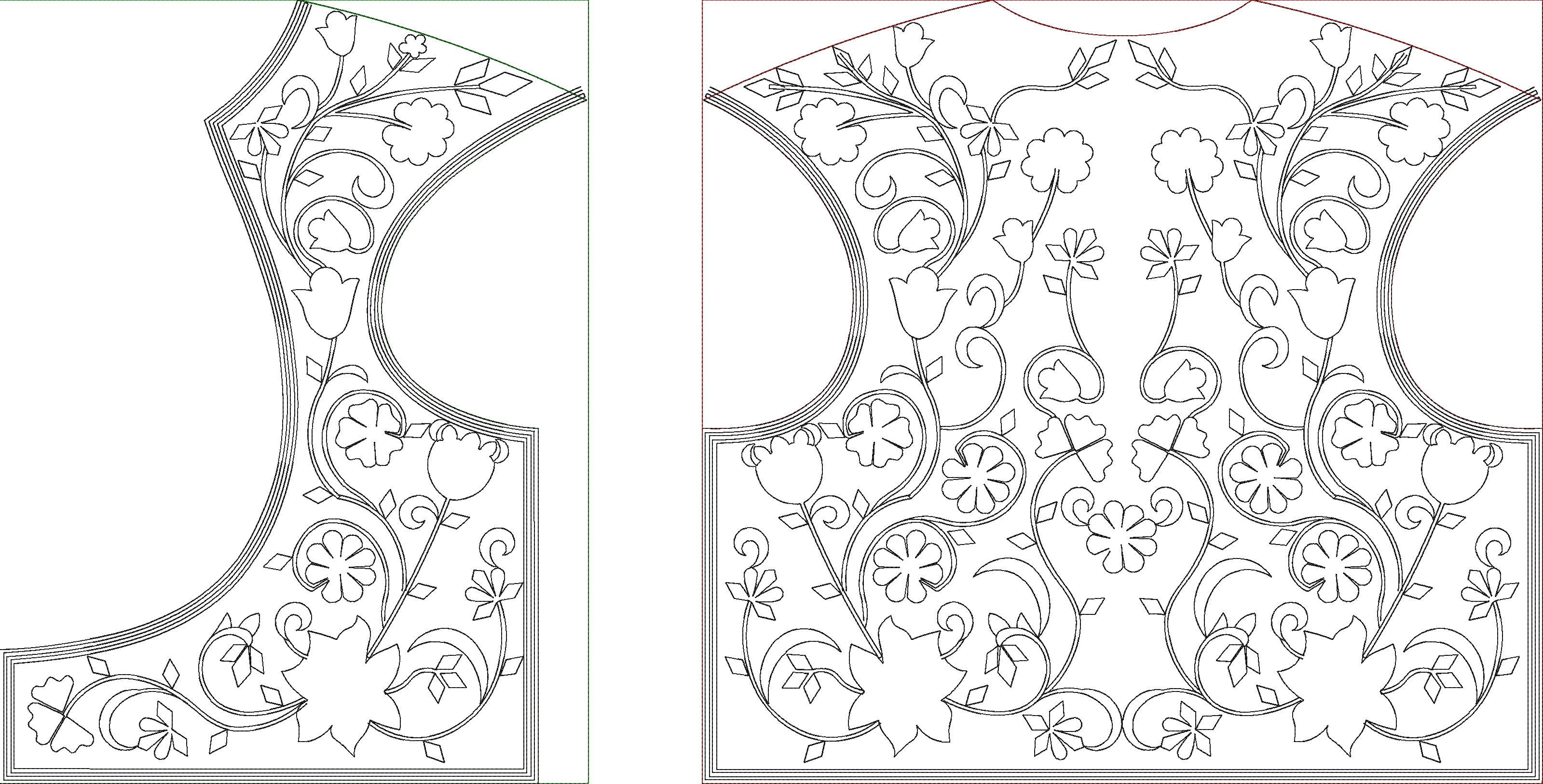 Embroidery design: Two black and white embroidery designs featuring intricate floral and vine motifs. The design on the left is a corner or