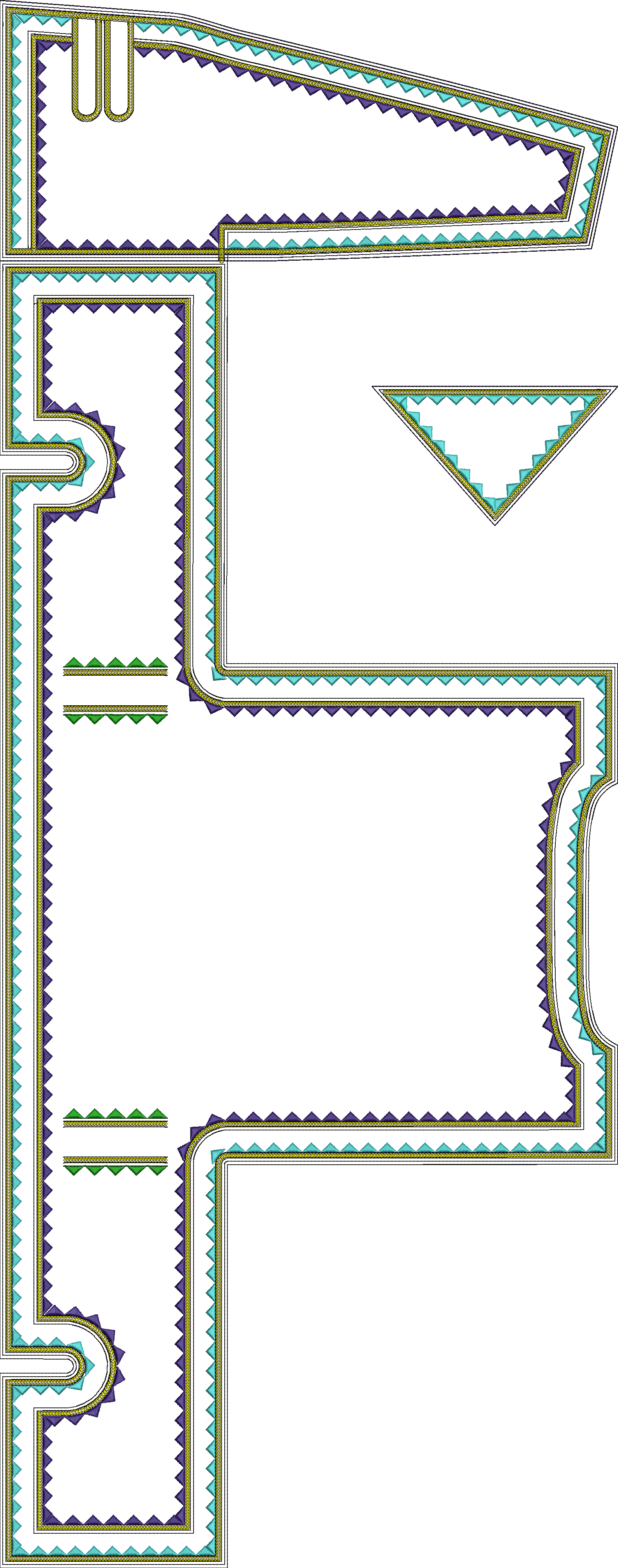 Embroidery design: A decorative embroidery design featuring a geometric border with repeating triangular and chain-like motifs in purple, t
