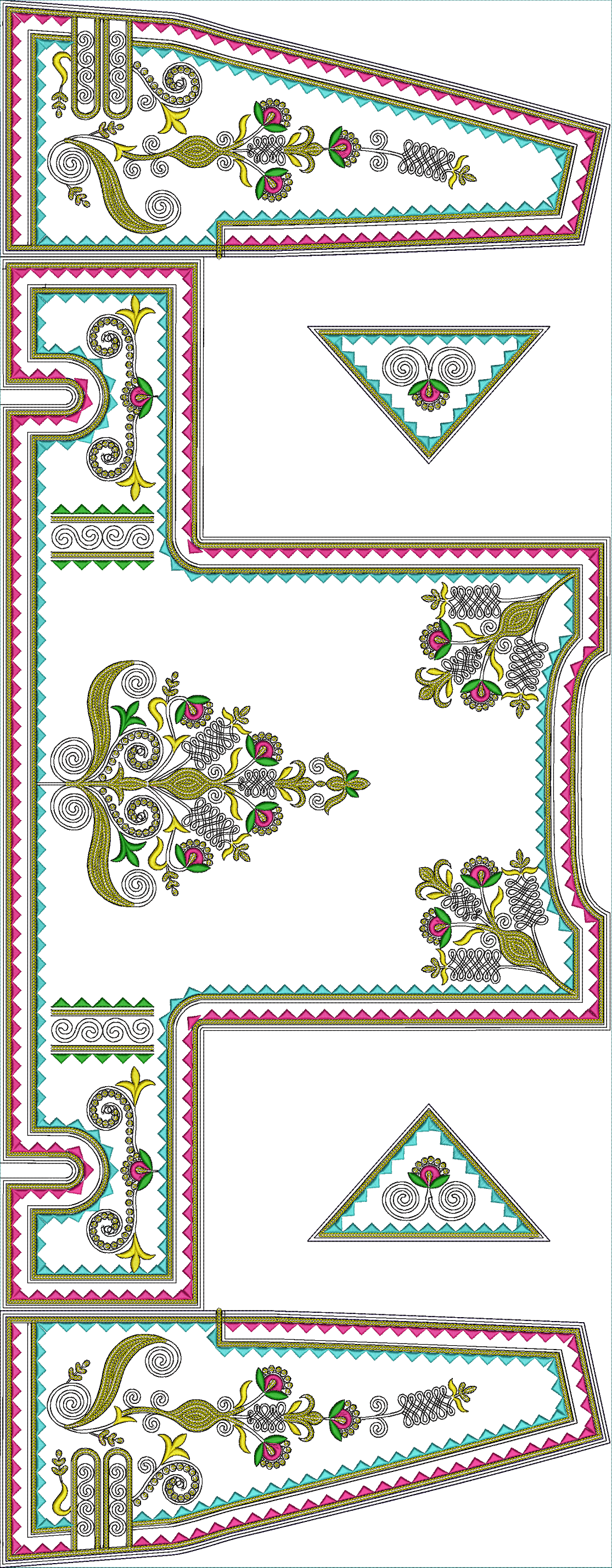Embroidery design: This embroidery design features intricate floral and scrollwork motifs in yellow, pink, green, and cyan, outlined in bla