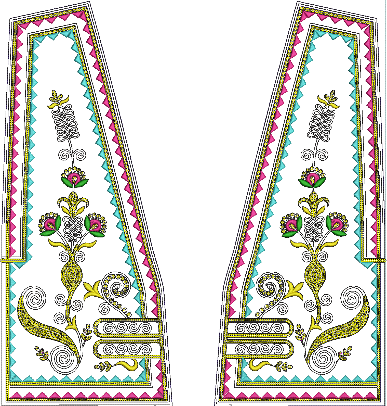 Embroidery design: A symmetrical embroidery design featuring floral motifs, scrollwork, leaves, and stylized flowers in pink, turquoise, an