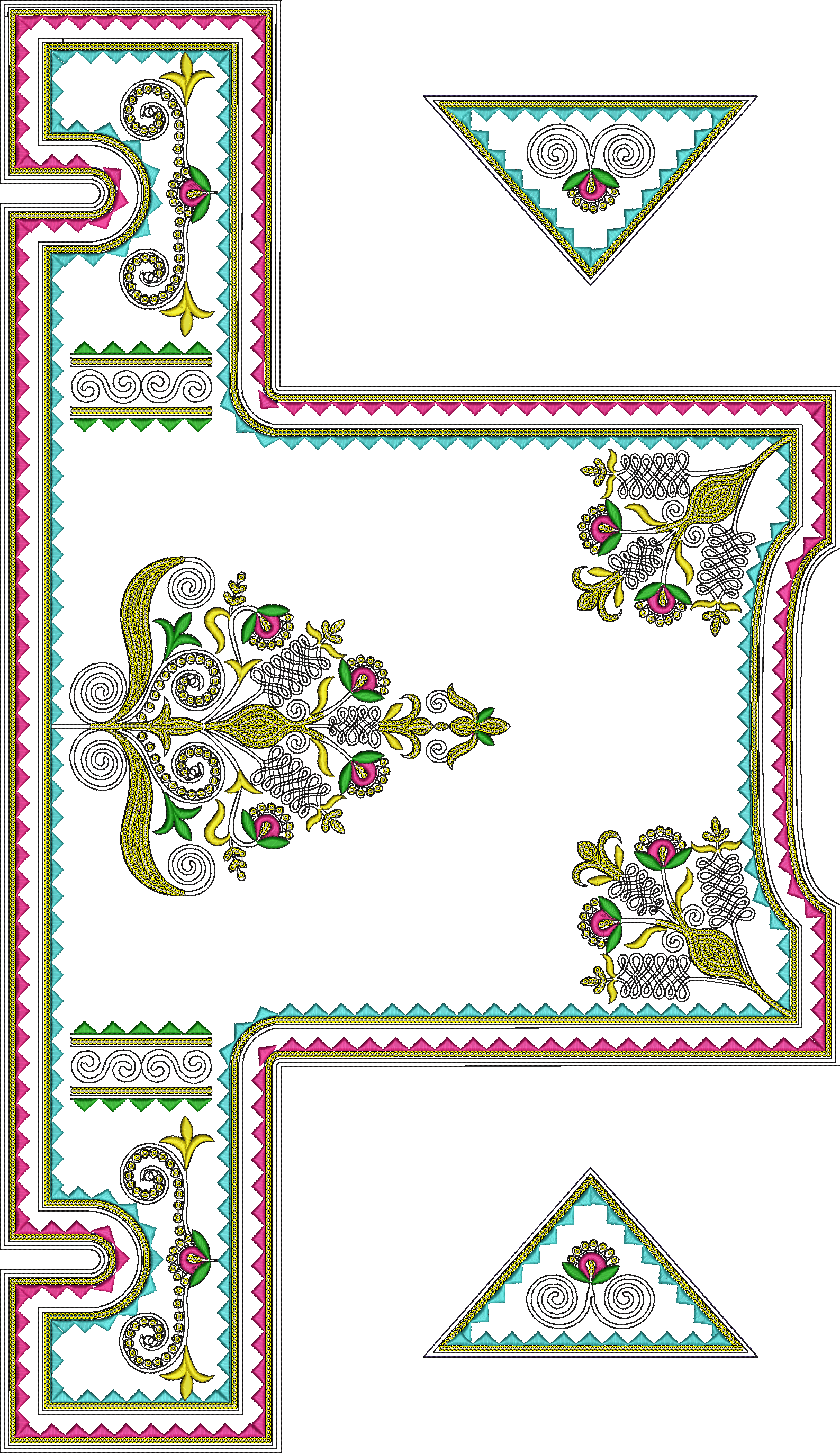 Embroidery design: An ornamental embroidery design featuring floral and scrollwork motifs with a decorative border in pink, green, yellow, 