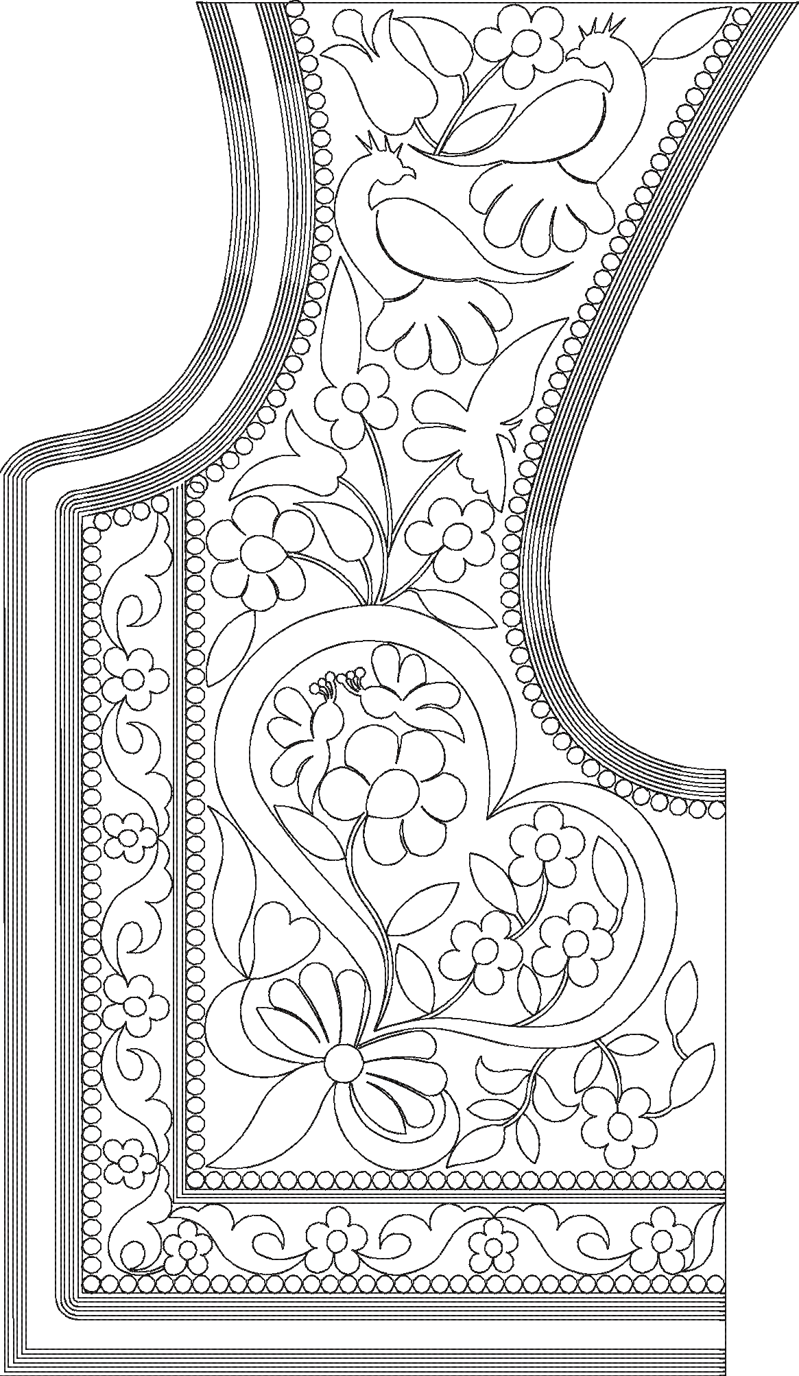 Embroidery design: An embroidery design featuring a decorative ornamental border with floral and avian motifs. The design includes scrollin
