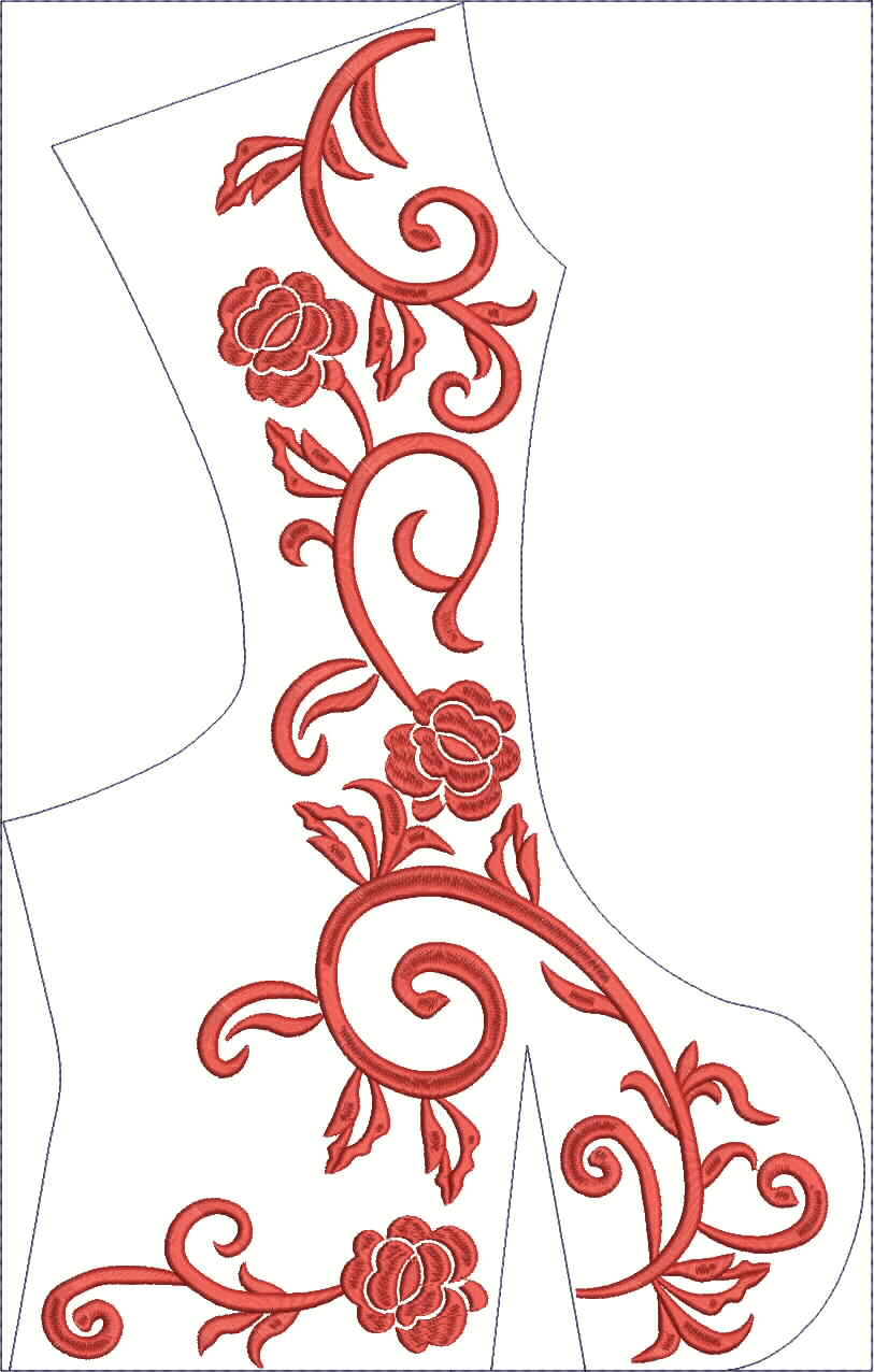 Embroidery design: A red and white embroidery design featuring a decorative floral and vine pattern, suitable for a garment trim or panel.