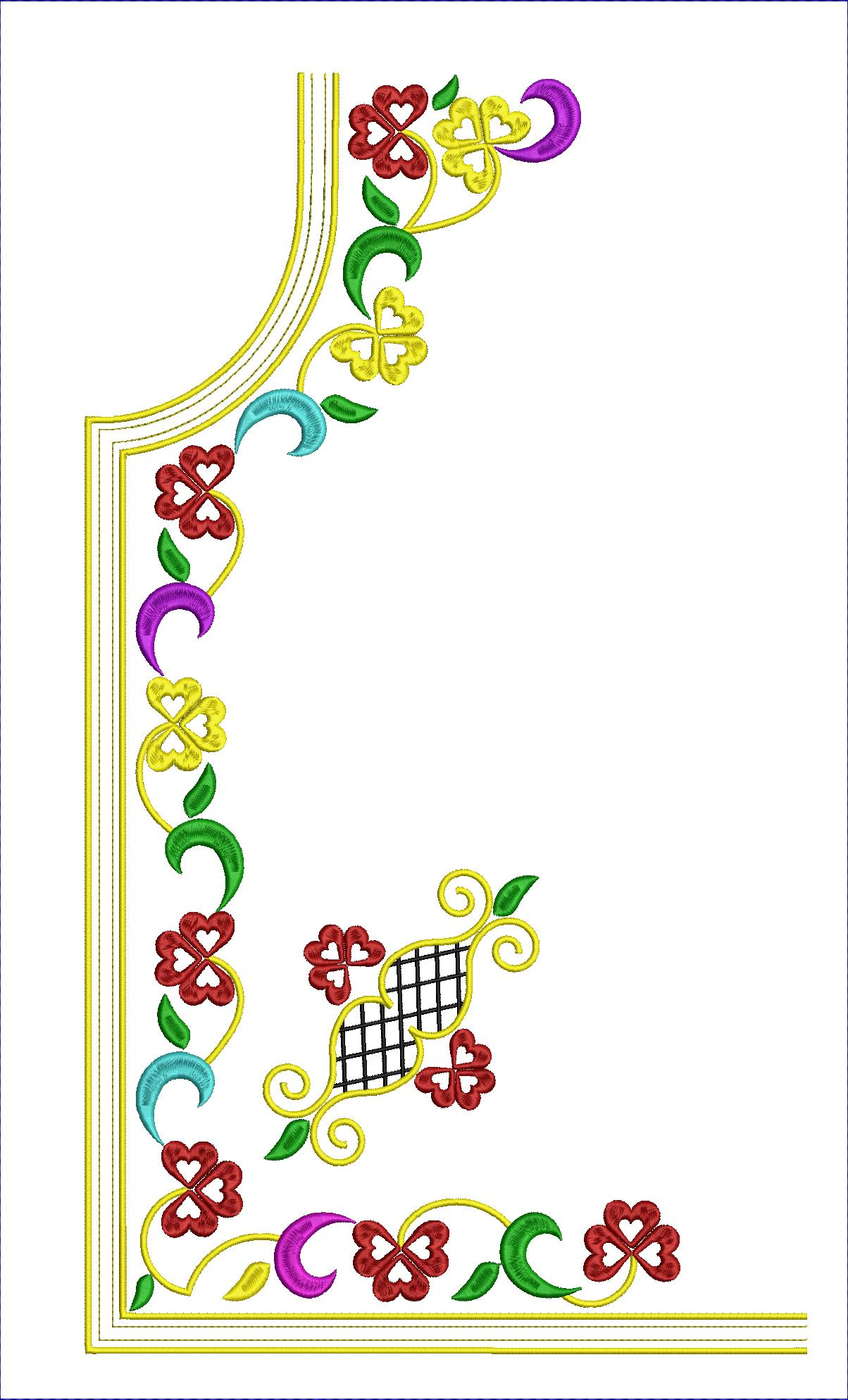 Embroidery design: A decorative embroidery design for a corner, featuring red clover-like flowers, green leaves, yellow swirling vines, tur