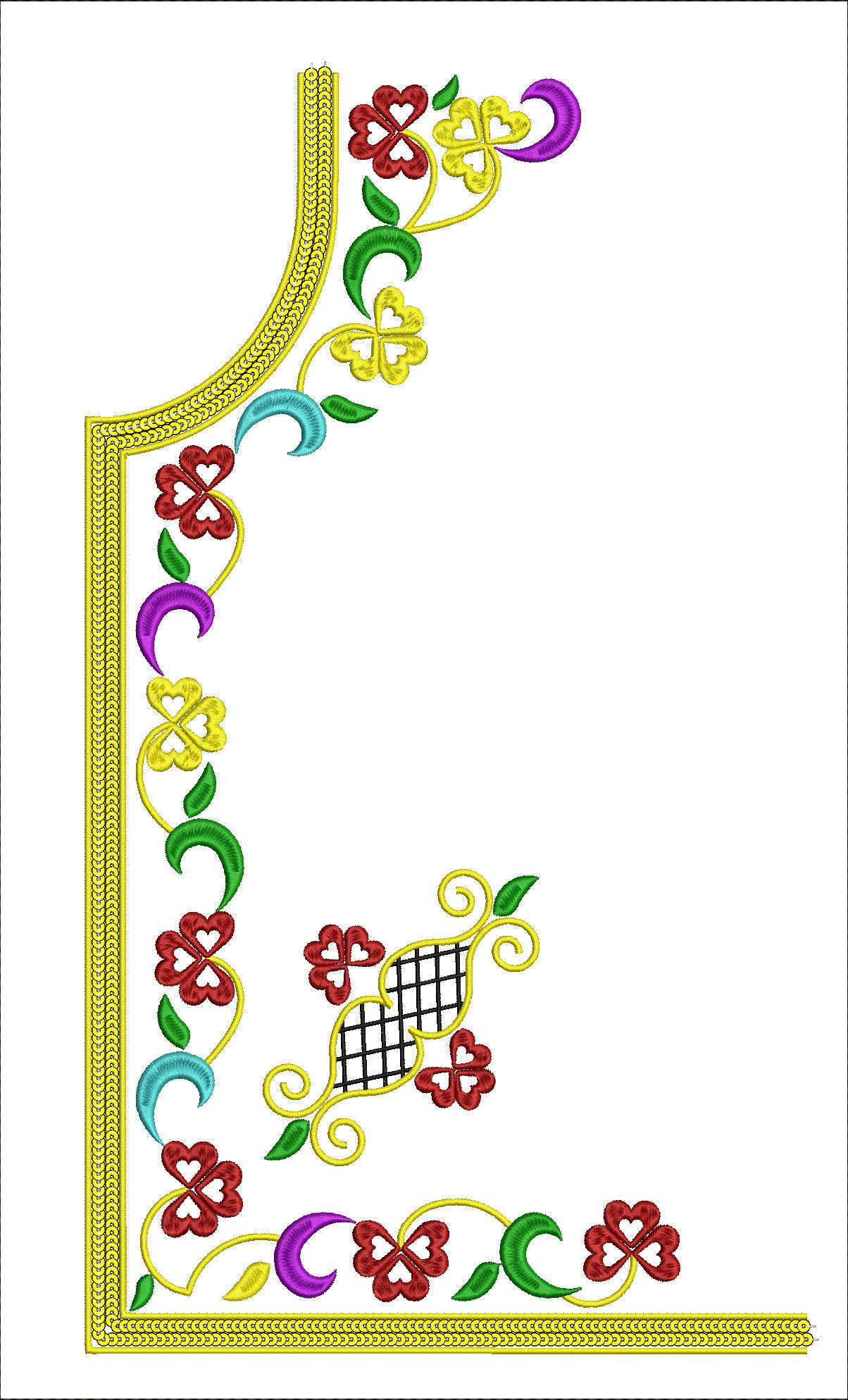 Embroidery design: A decorative embroidery design featuring a corner and border with floral and vine elements in red, yellow, green, purple