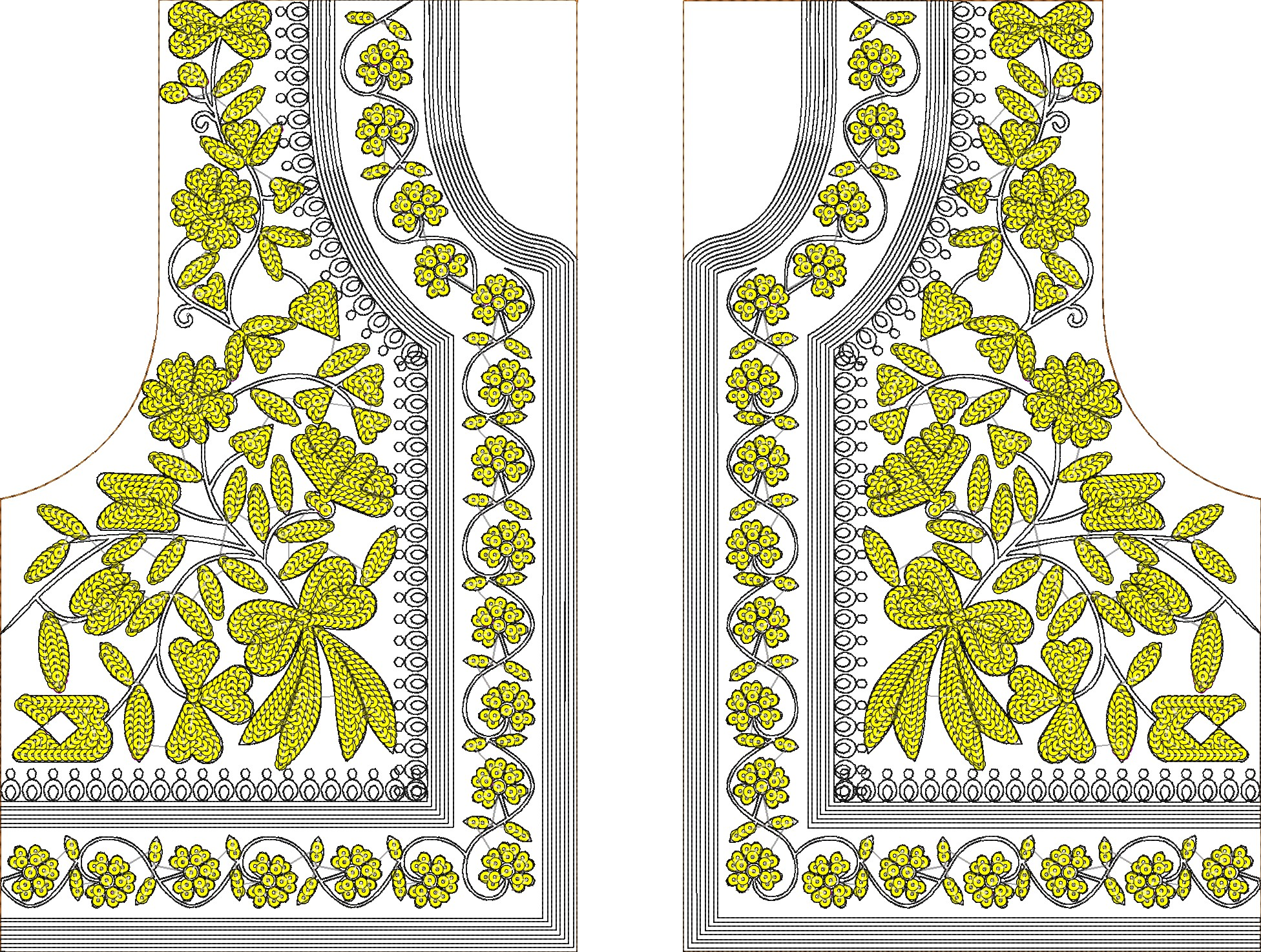 Embroidery design: A symmetrical, ornamental embroidery design for a neckline, featuring yellow floral and leafy motifs with decorative bor