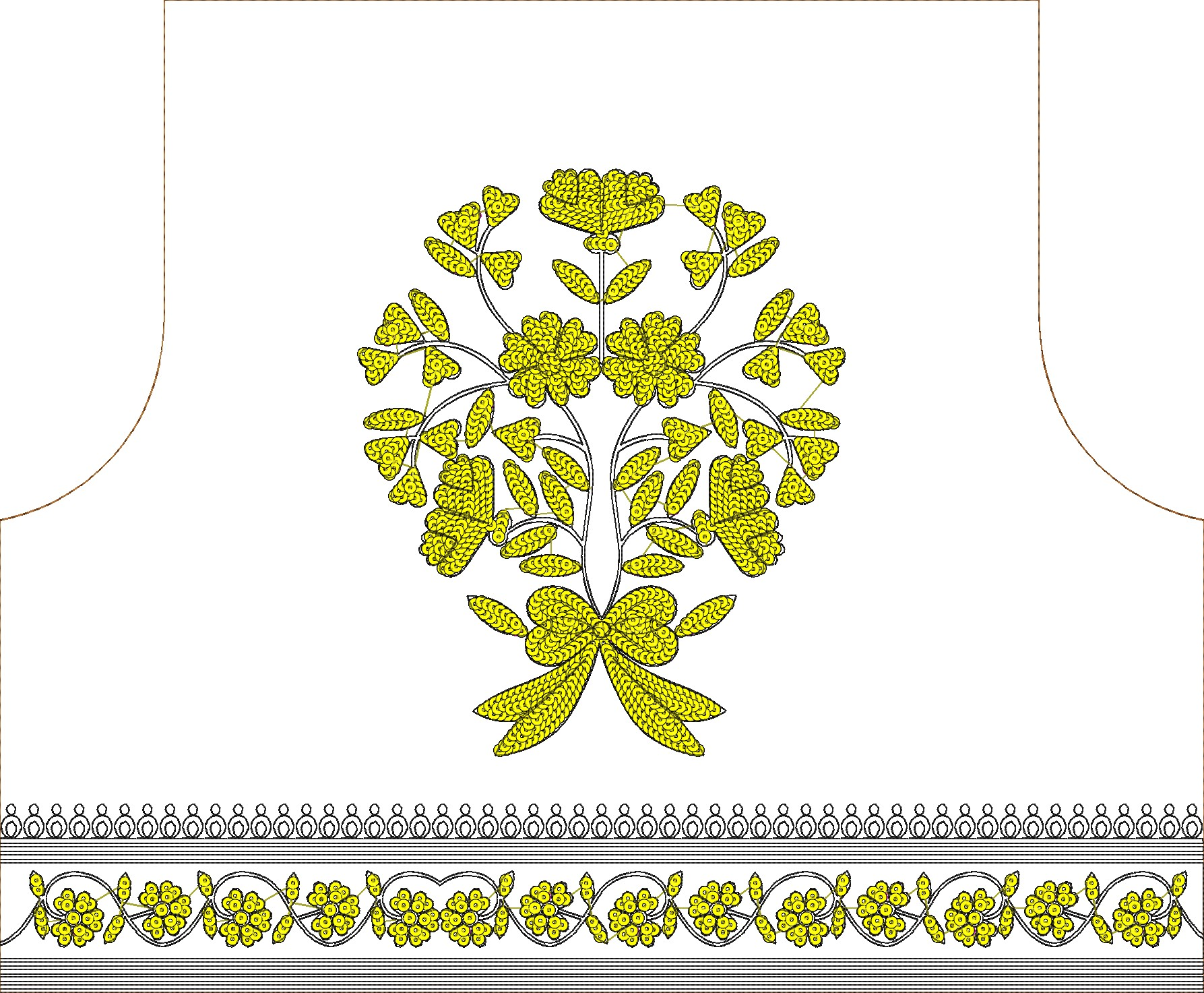 Embroidery design: An ornamental embroidery design featuring a central yellow floral bouquet with a bow, and a matching yellow floral borde