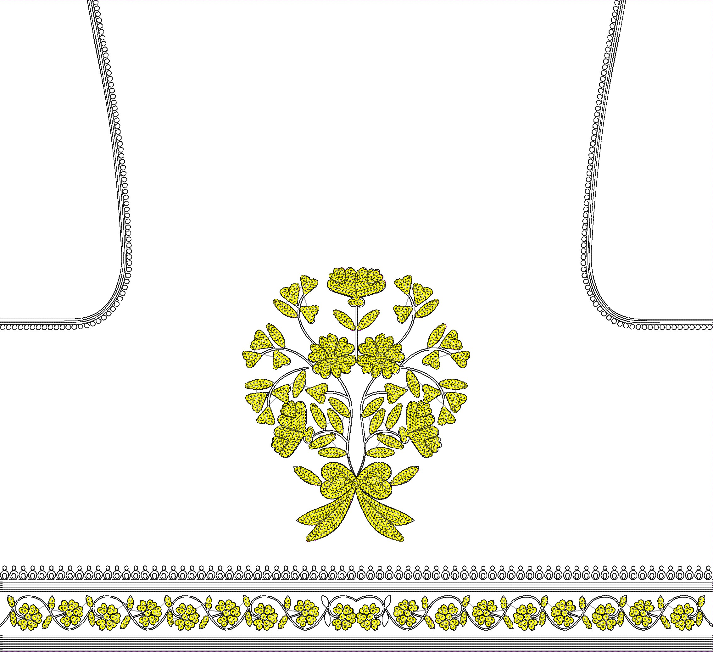 Embroidery design: A yellow floral embroidery design with a central bouquet, a bow, and a decorative floral border, set against a white bac