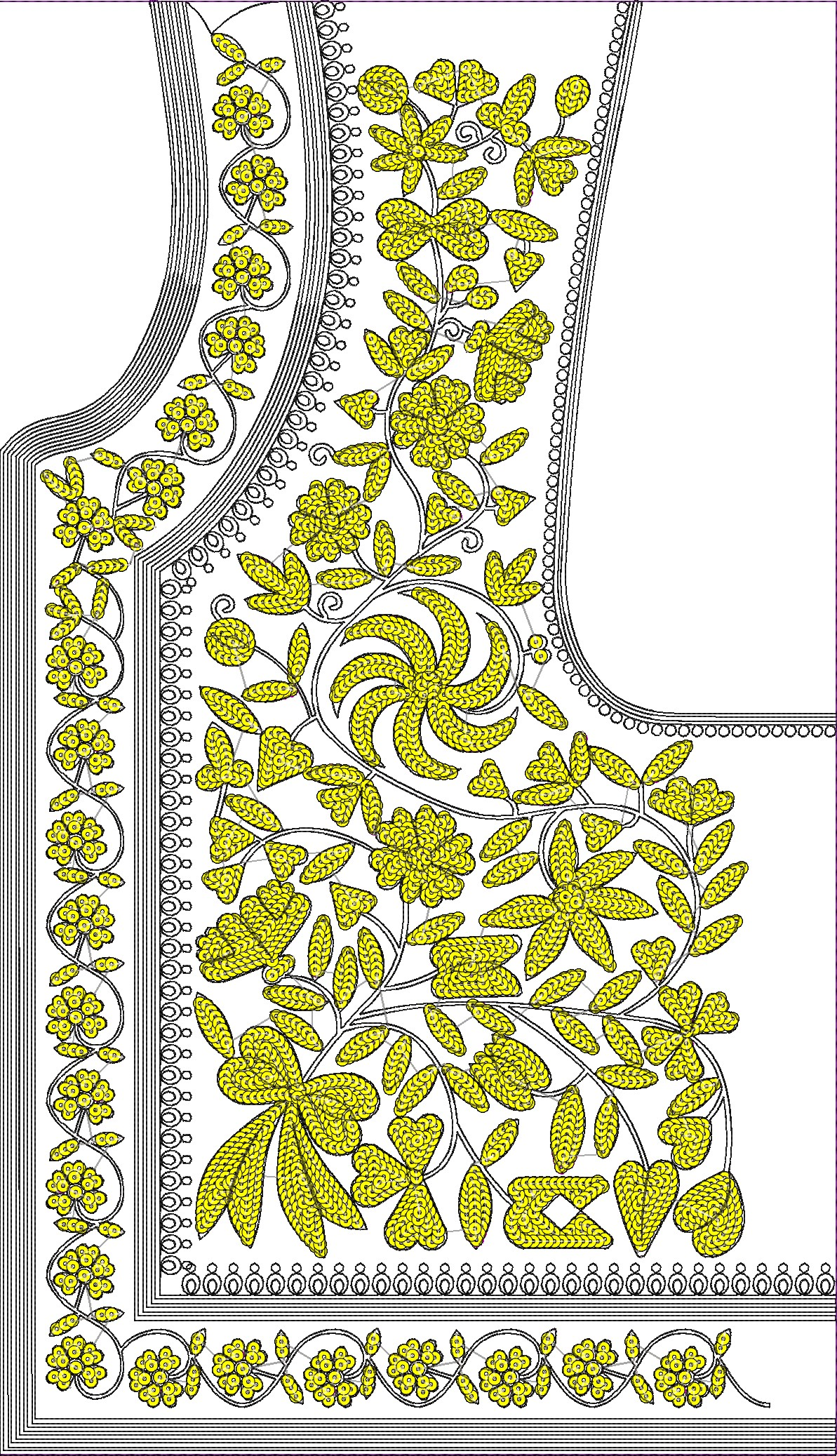 Embroidery design: An ornamental embroidery design featuring yellow floral and vine motifs with leaves, bordered by decorative trim, suitab