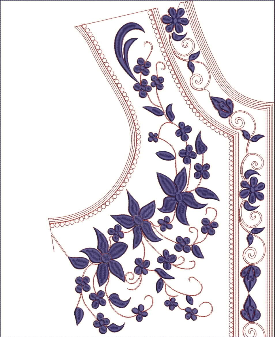 Embroidery design: An embroidery design for a neckline or corner, featuring indigo flowers, leaves, and scrollwork elements with brown outl