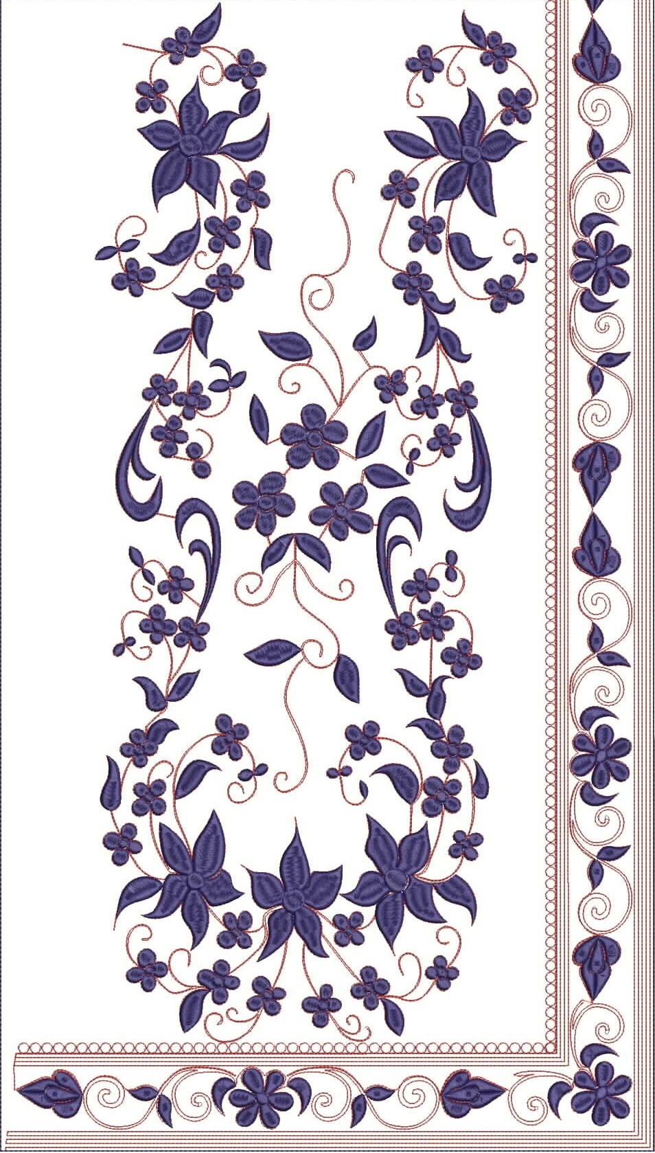 Embroidery design: An ornamental embroidery design with dark blue floral and vine motifs on a white background, accented by a reddish-brown