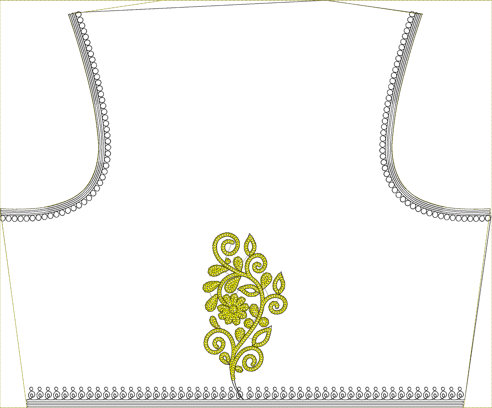 Embroidery design: A yellow floral and vine-like embroidery motif with leaves, set against a white background, featuring black decorative b
