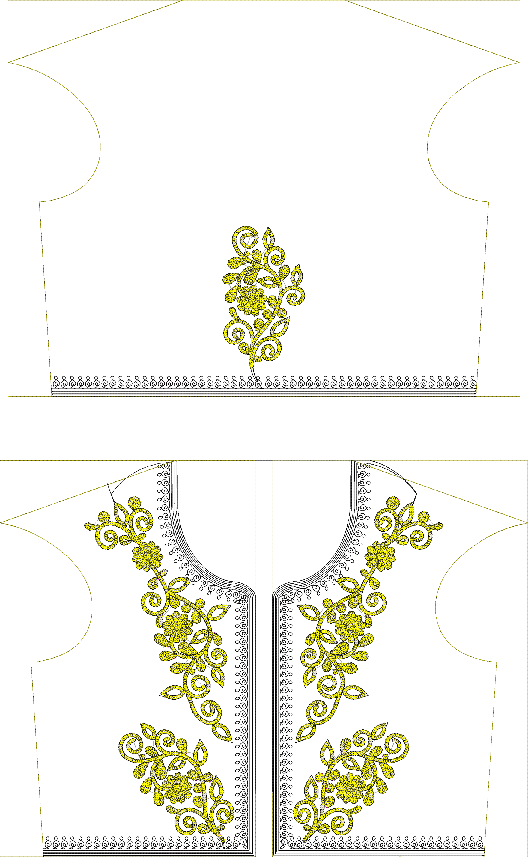 Embroidery design: Yellow floral and vine embroidery with black decorative trim on the neckline and hem, in an ornamental and traditional s
