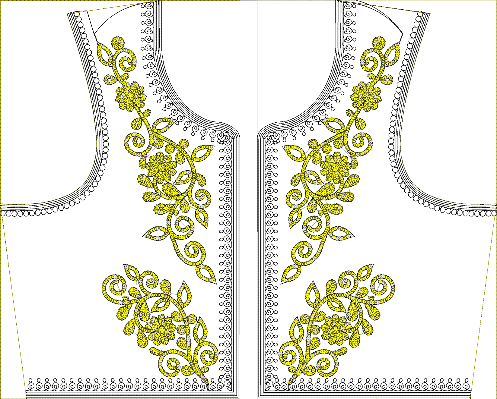 Embroidery design: Yellow and black embroidery design with symmetrical floral and scrollwork motifs on the neckline and border areas.