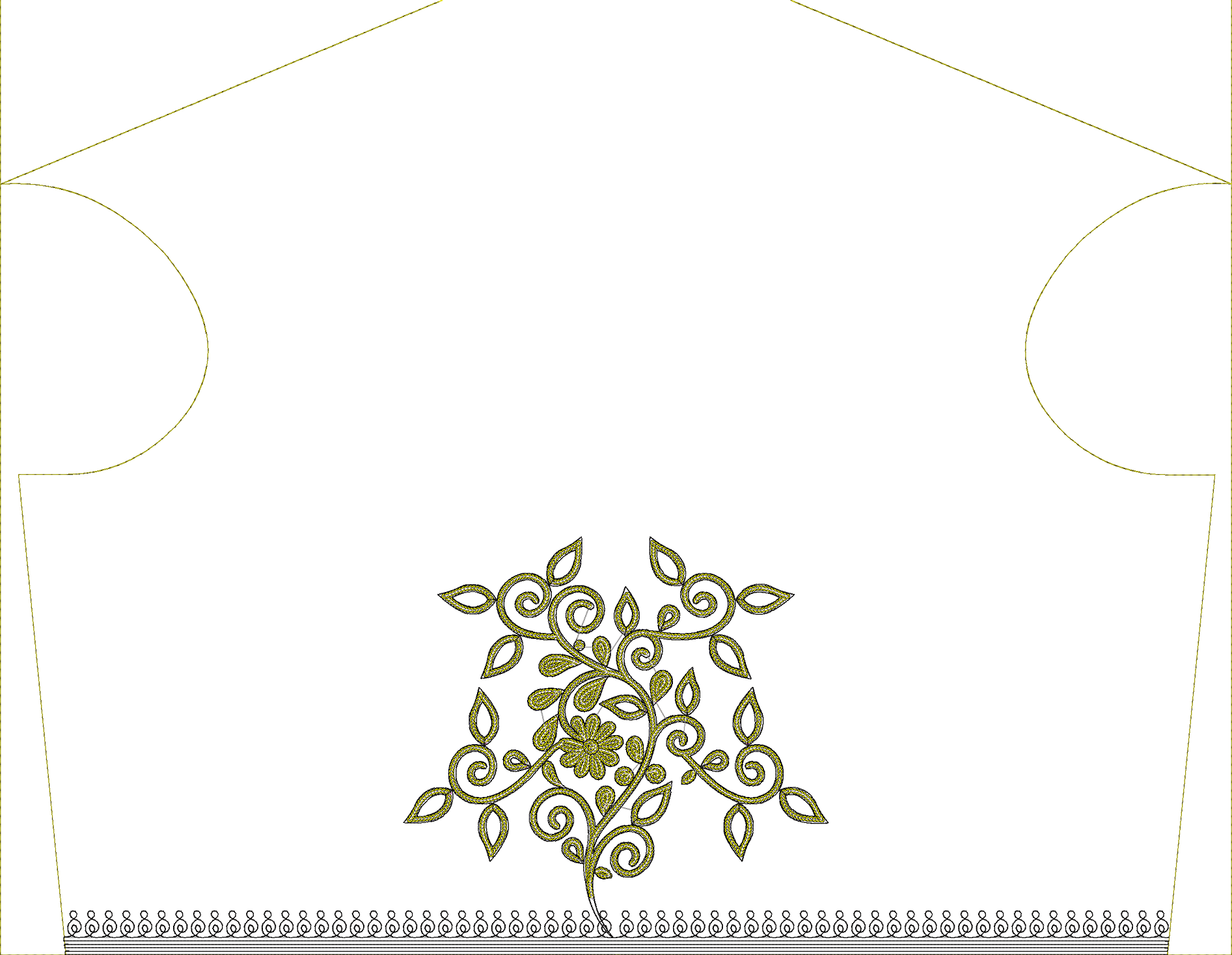 Embroidery design: An olive green floral and botanical embroidery design featuring a central flower surrounded by symmetrical scrollwork, v