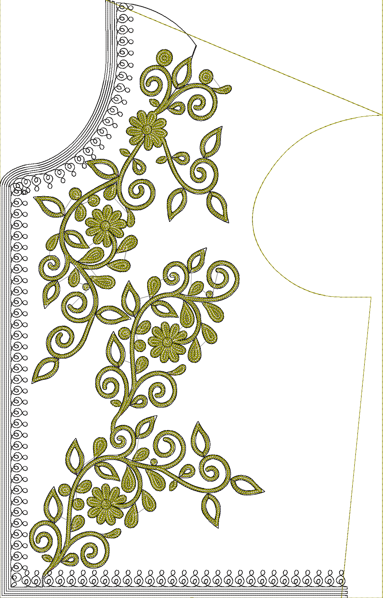 Embroidery design: An embroidery design featuring yellowish-gold floral and scrollwork motifs with a black decorative border, suitable for 