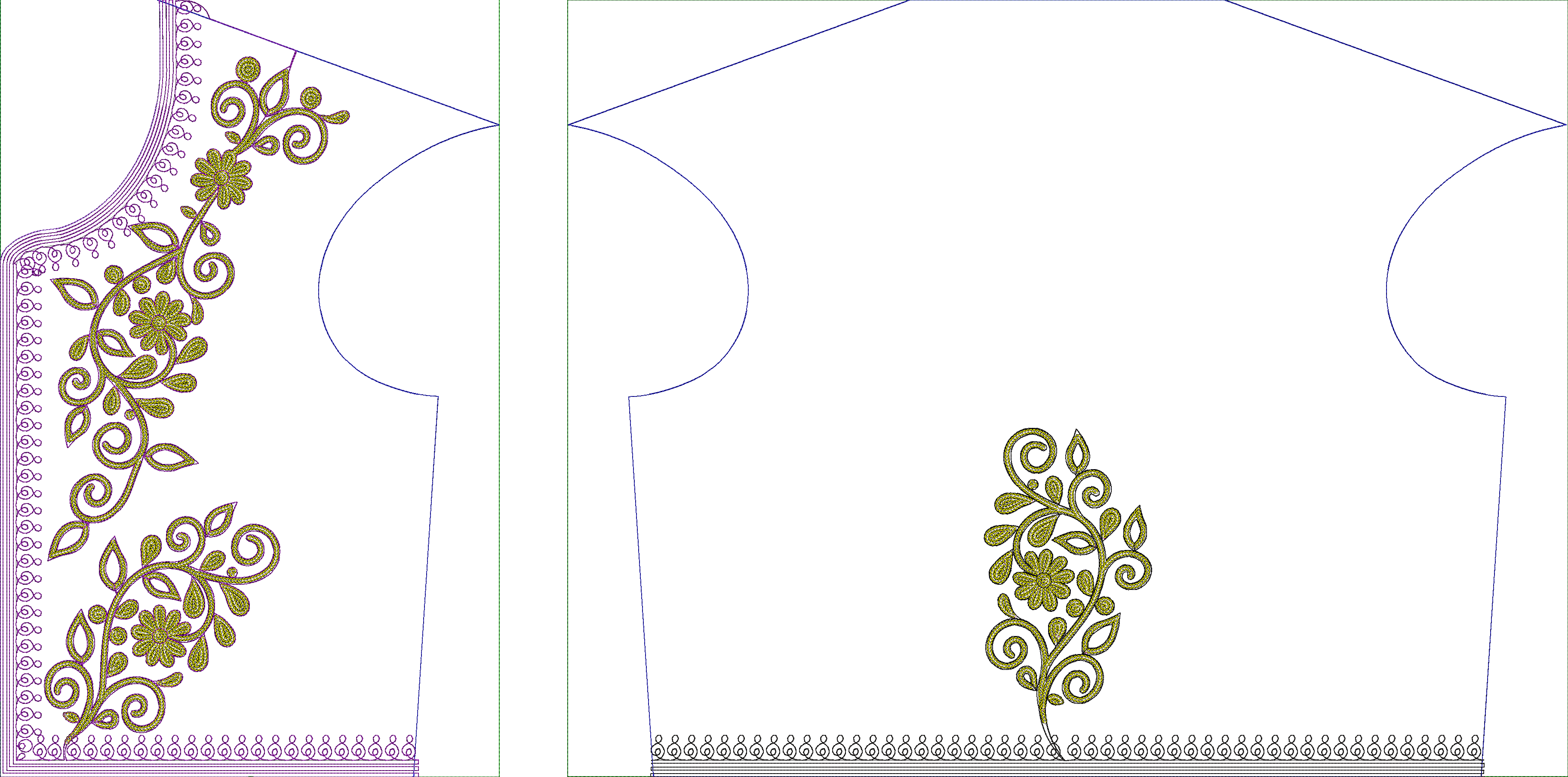 Embroidery design: An ornamental embroidery design featuring a yellow-green floral and scrollwork motif with a purple decorative border. Th