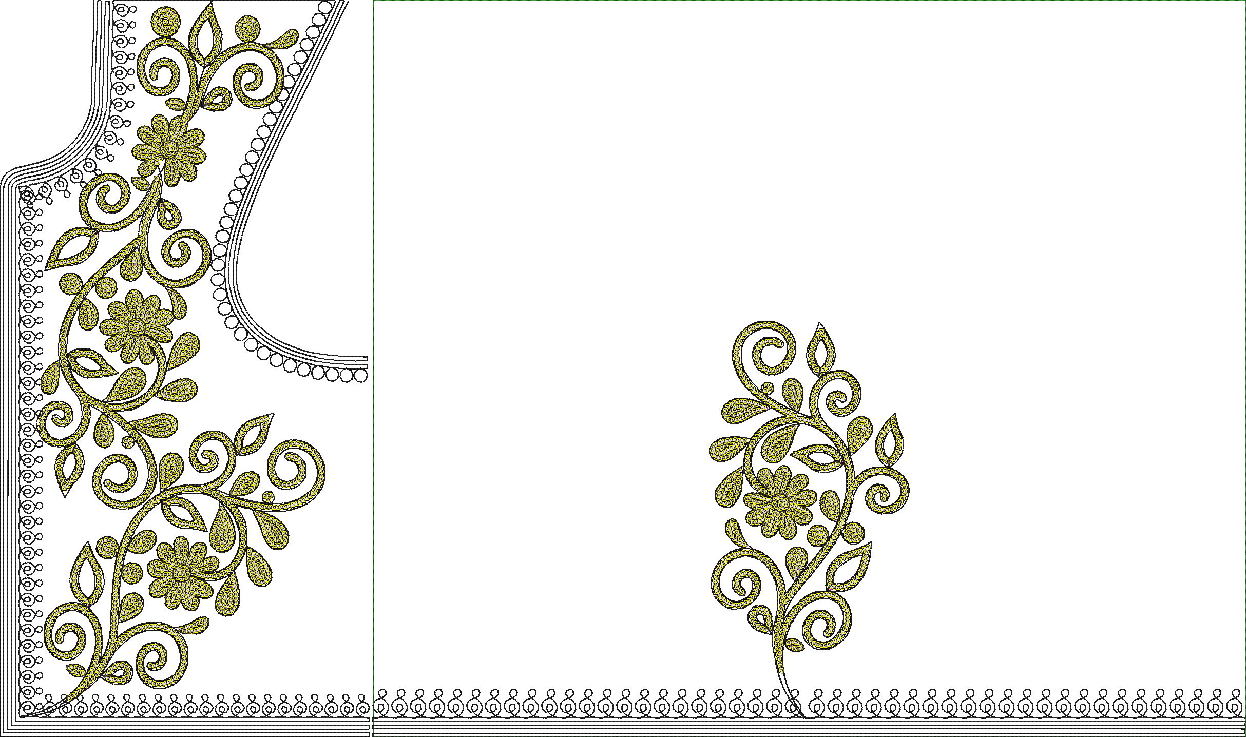 Embroidery design: A decorative gold embroidery design featuring floral and vine motifs with a scalloped lace-like border.