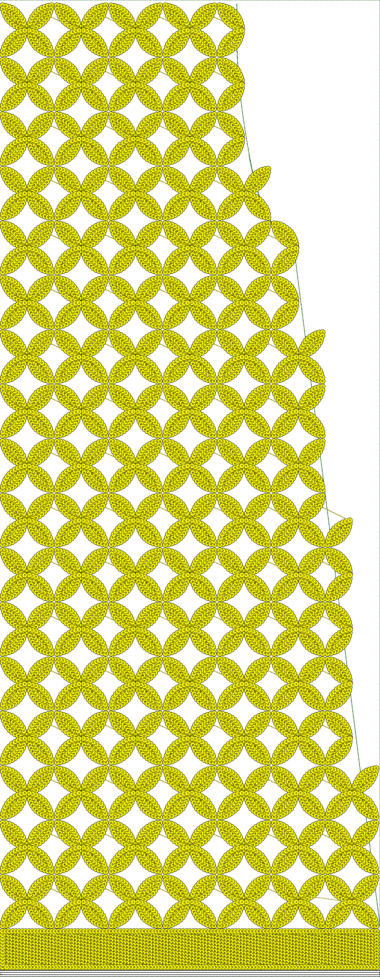 Embroidery design: A dense, repeating embroidery design featuring yellow circular motifs with black outlines against a white background. A 