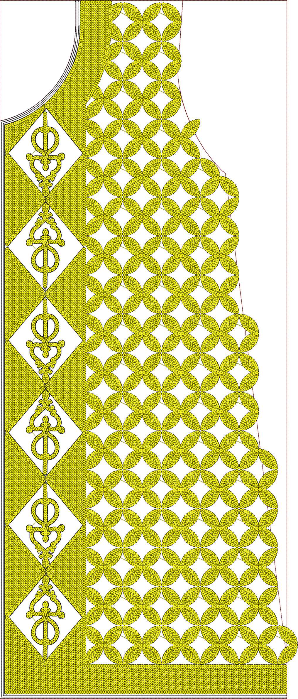 Embroidery design: A yellow and white embroidery design featuring a repeating geometric pattern with ornamental symbols on a border panel.