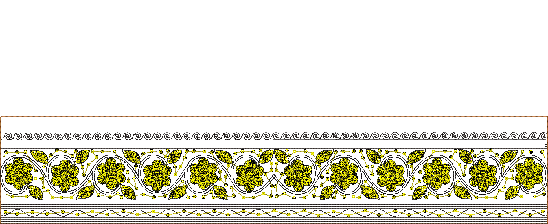 Embroidery design: A decorative yellow and black border embroidery design featuring repeating floral motifs with leaves, vines, and geometr