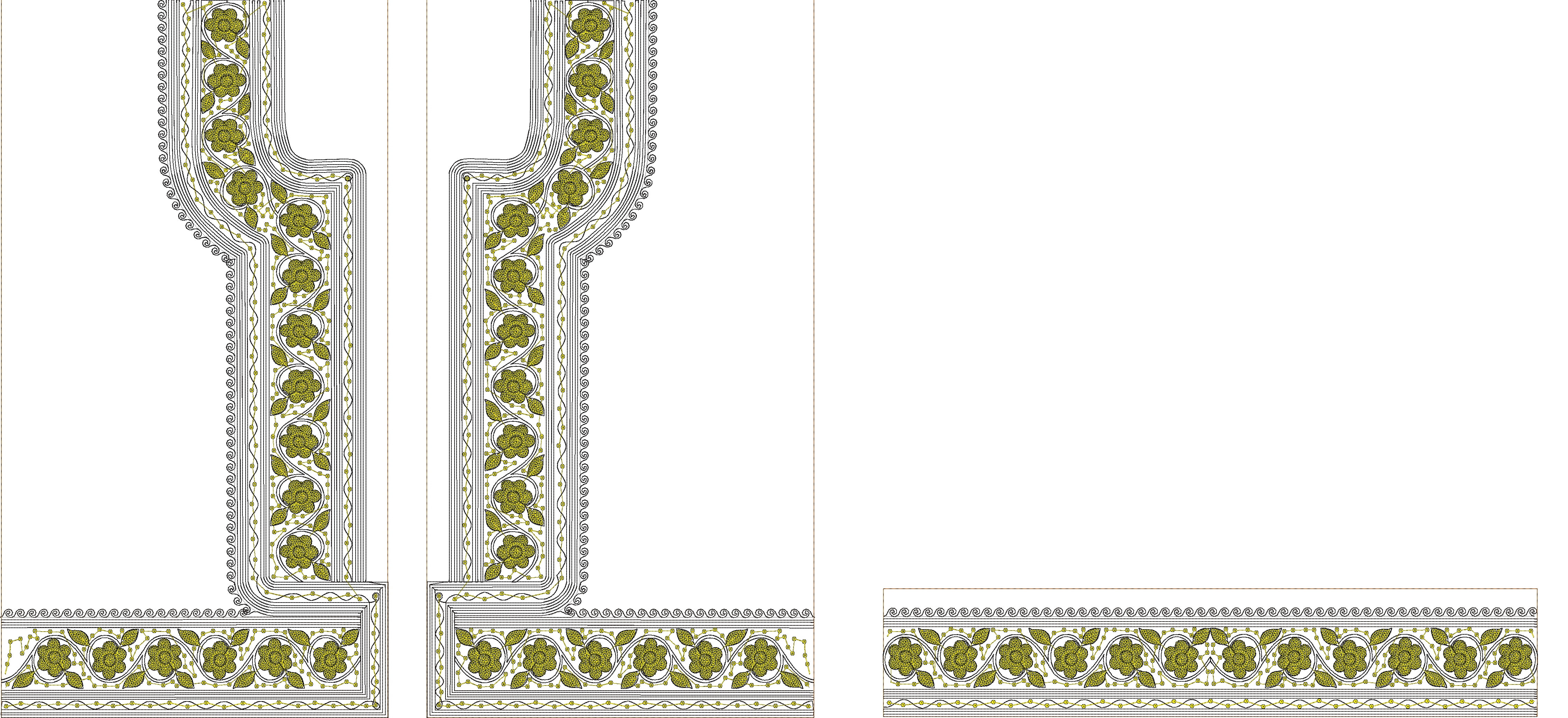 Embroidery design: A decorative embroidery design with repeating symmetrical floral and vine motifs in black and yellowish-green, suitable 