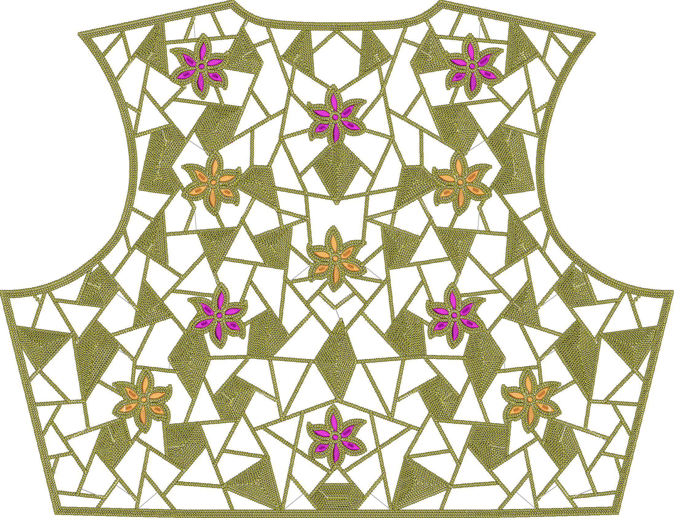 Embroidery design: A decorative embroidery design with a symmetrical, geometric lattice background in greenish-gold, featuring eight-pointe