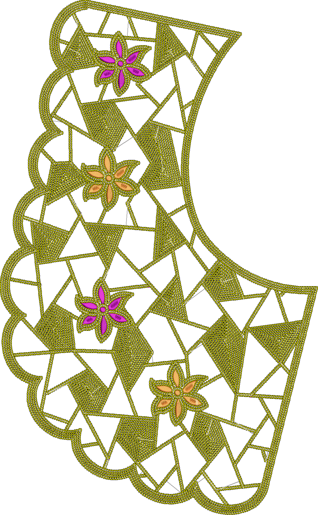 Embroidery design: A decorative embroidery panel with a scalloped gold border, featuring a lace-like geometric pattern filled with dense st